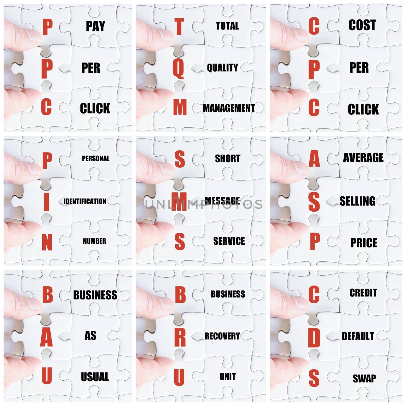 Photo collage with hand of business man completing the puzzle with the last missing piece