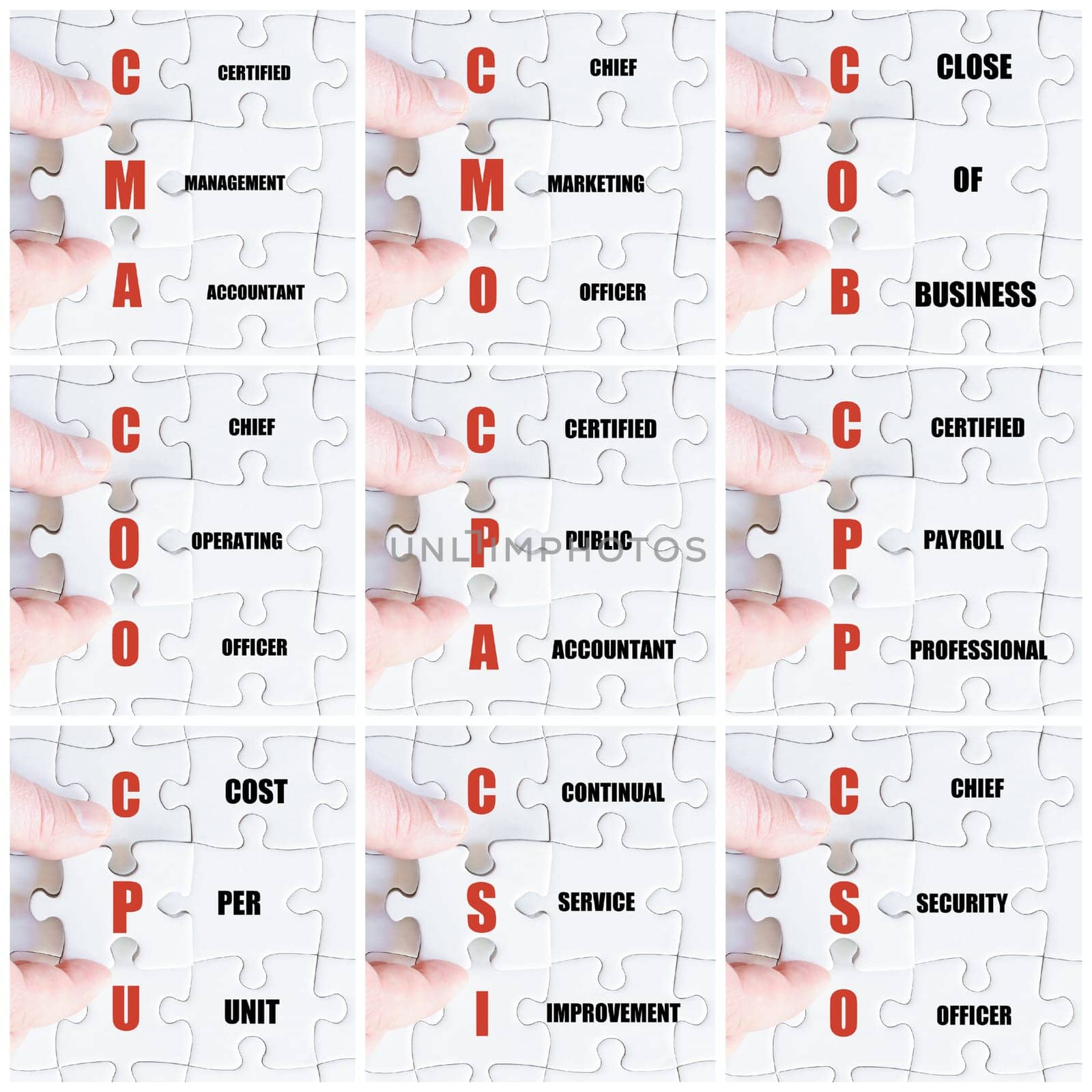 Photo collage with hand of business man completing the puzzle with the last missing piece