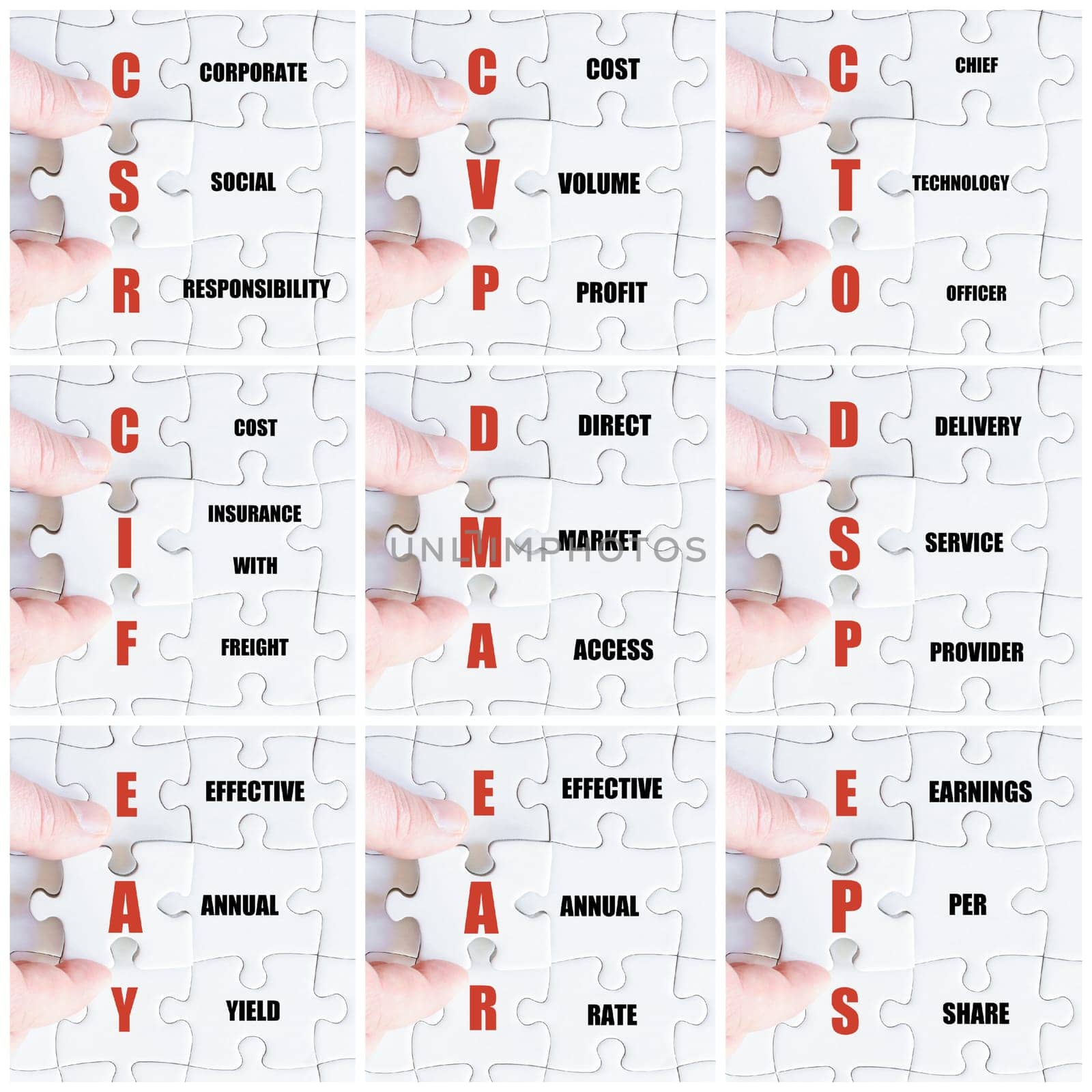 Photo collage with hand of business man completing the puzzle with the last missing piece
