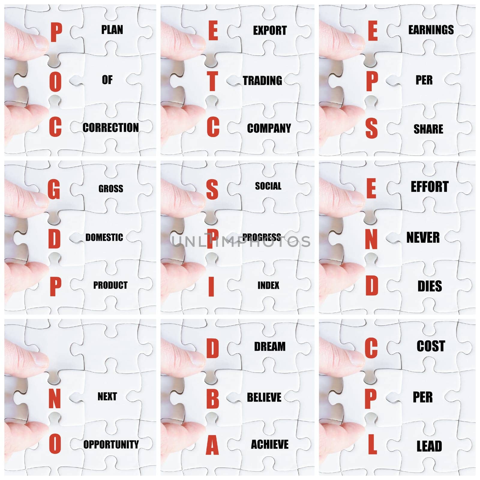 Photo collage with hand of business man completing the puzzle with the last missing piece