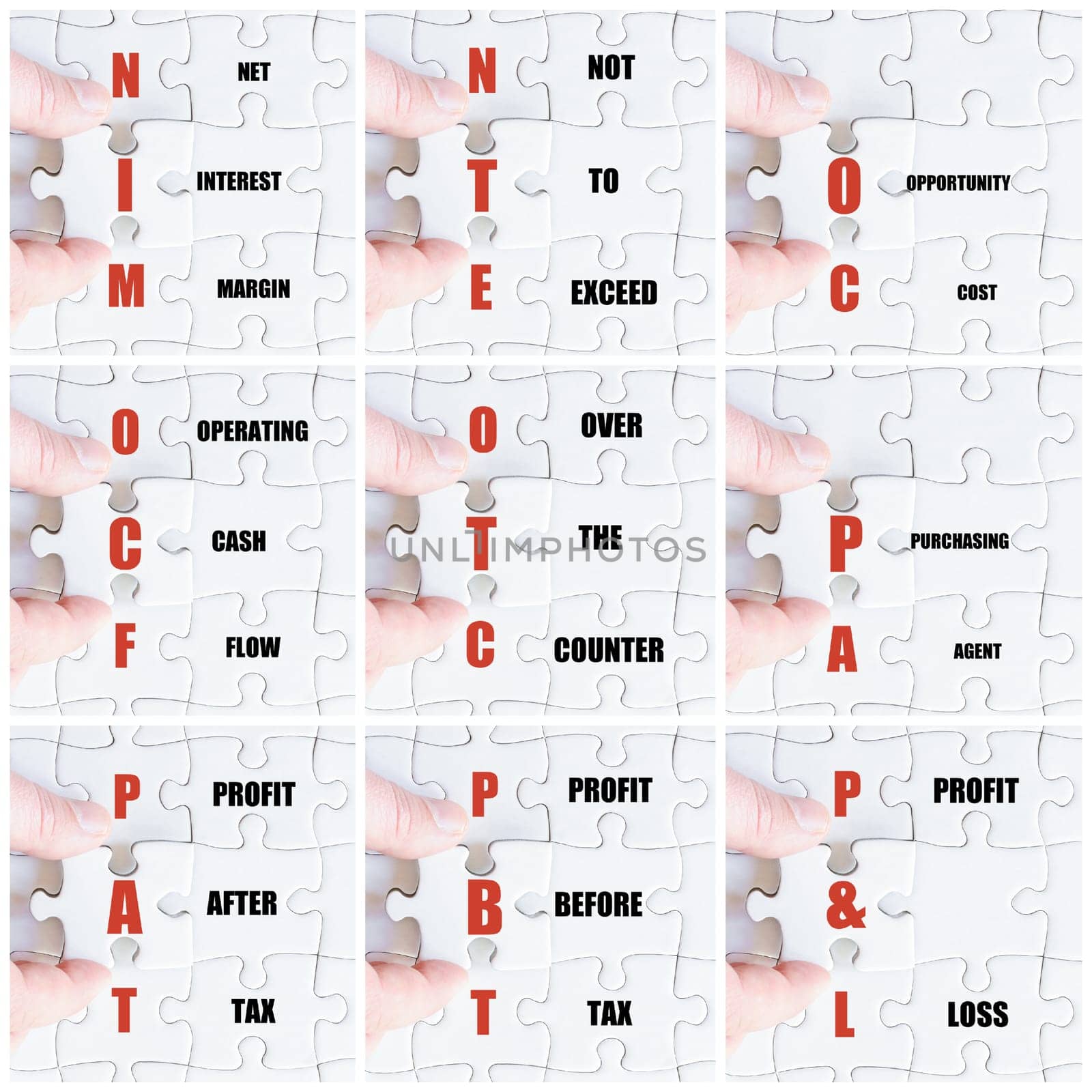Photo collage with hand of business man completing the puzzle with the last missing piece