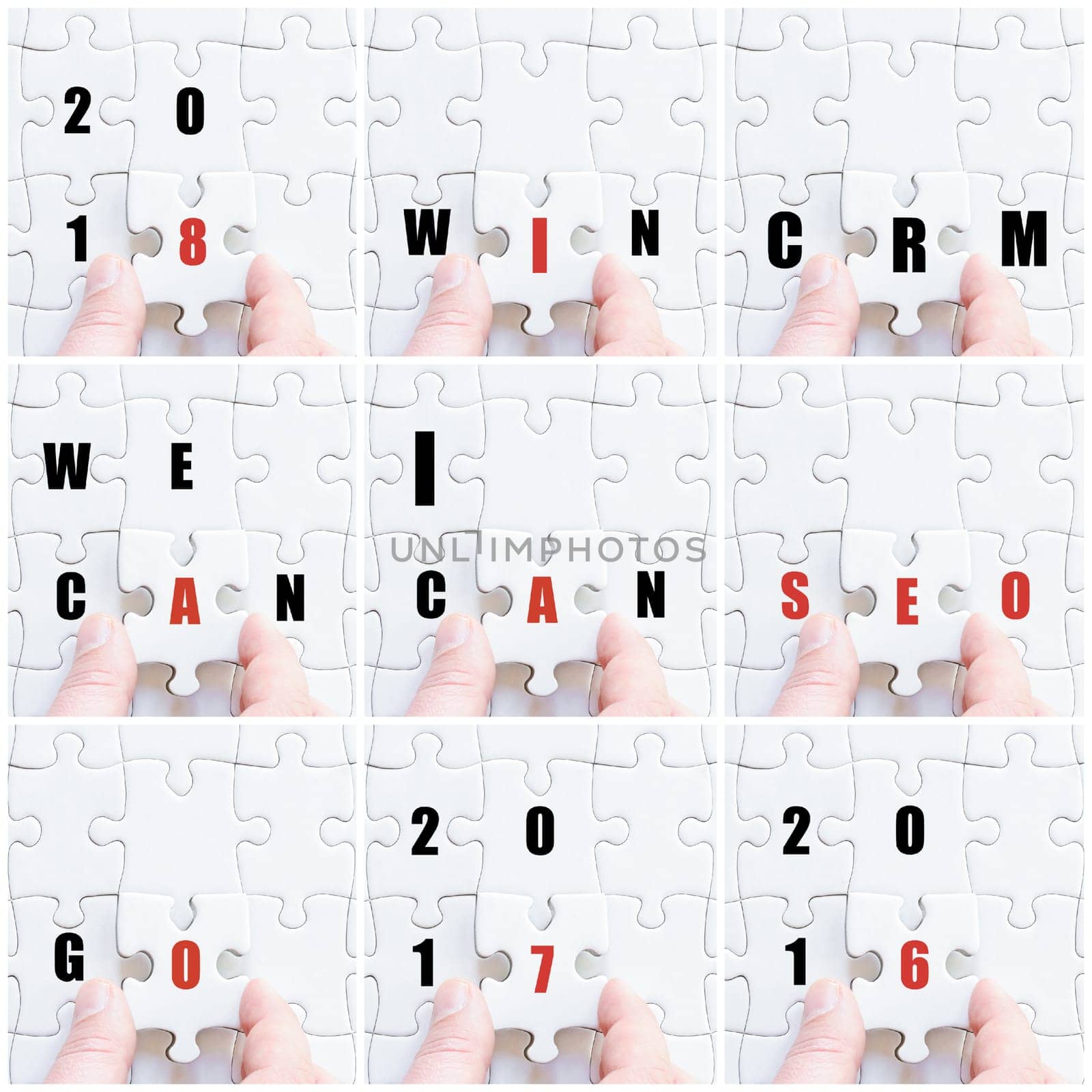 Photo collage with hand of business man completing the puzzle with the last missing piece