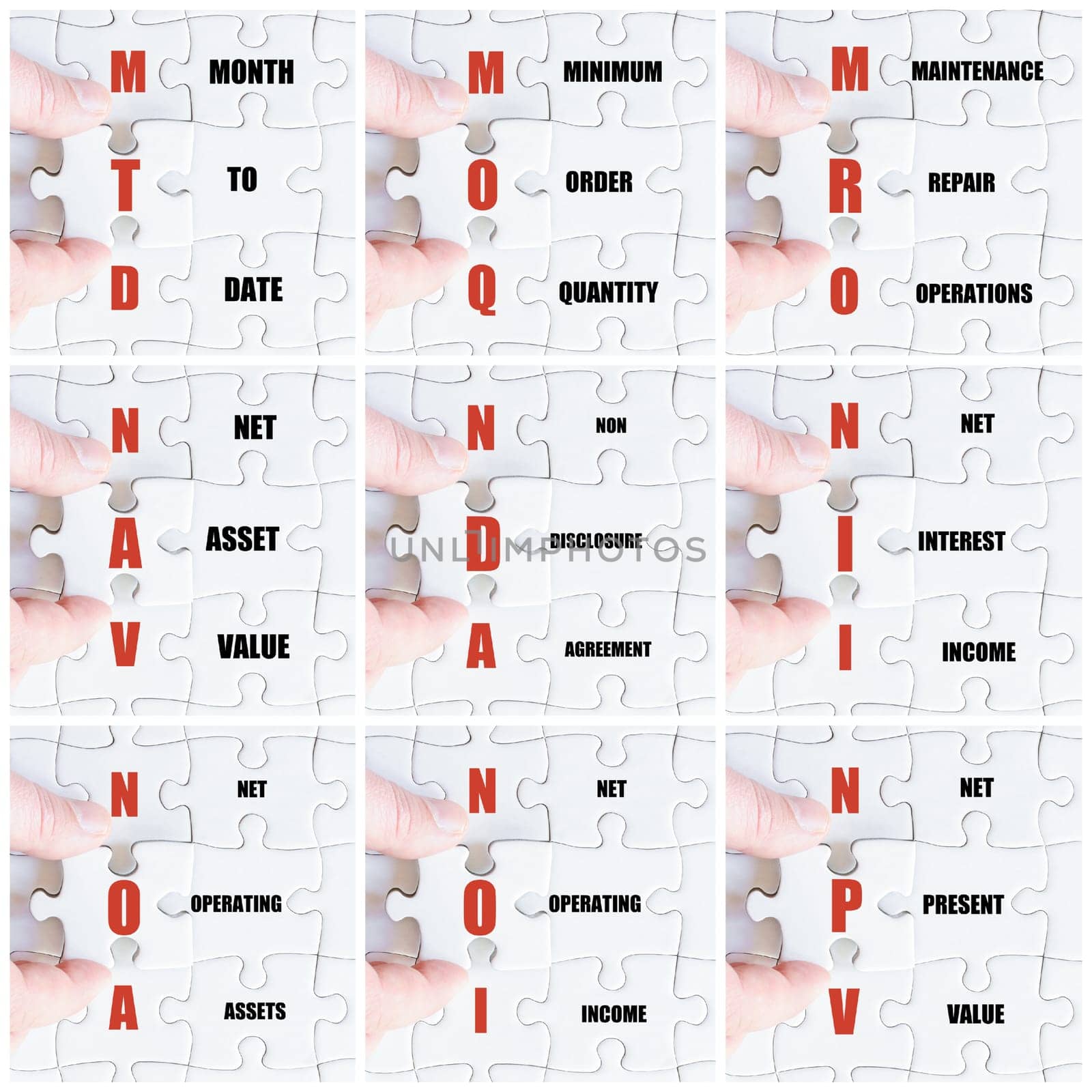 Photo collage with hand of business man completing the puzzle with the last missing piece