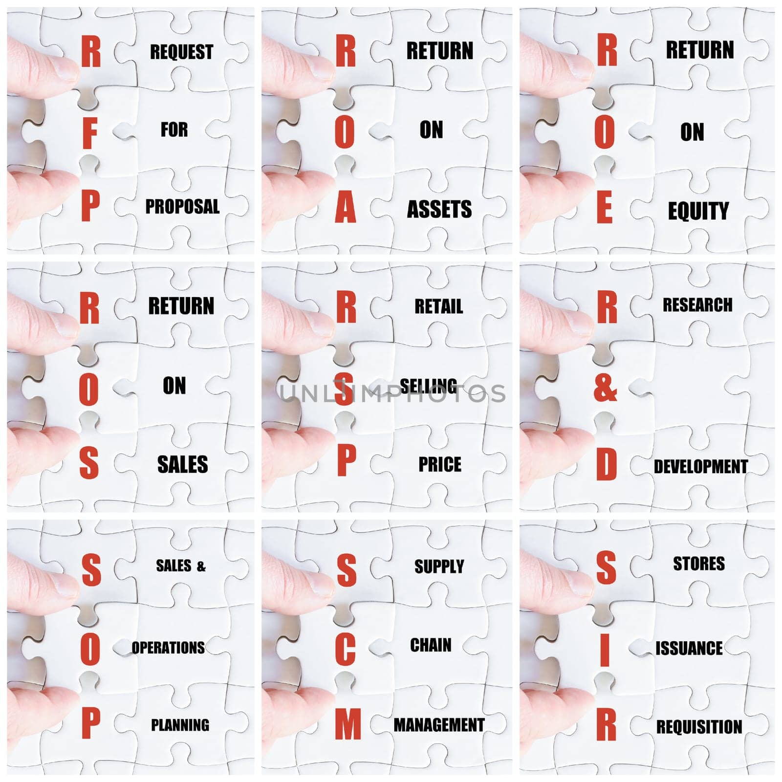Photo collage with hand of business man completing the puzzle with the last missing piece