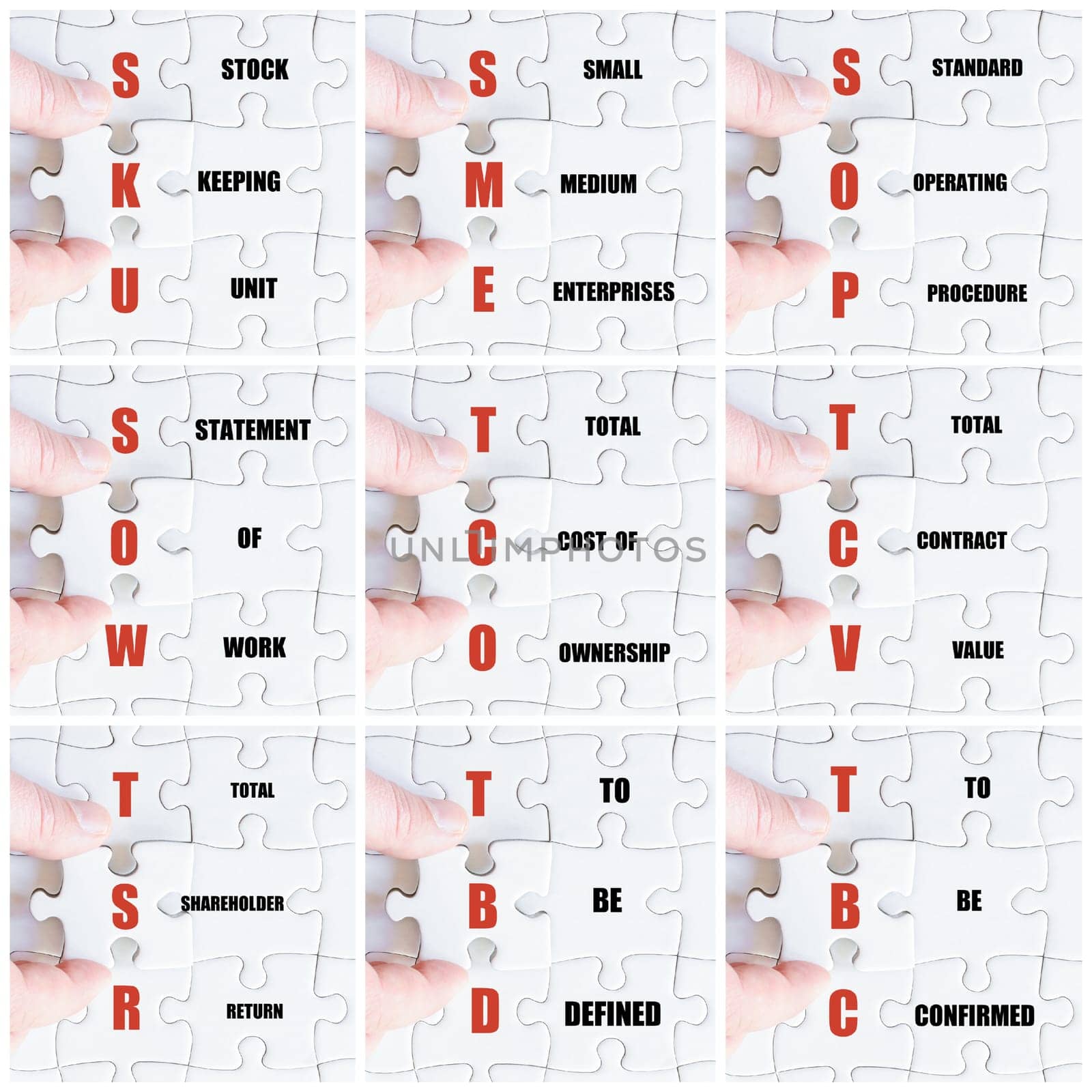 Photo collage with hand of business man completing the puzzle with the last missing piece