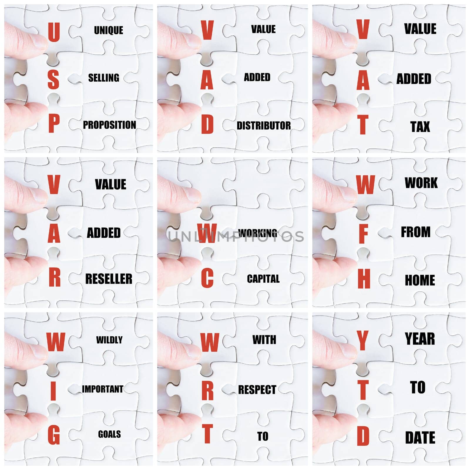 Photo collage with hand of business man completing the puzzle with the last missing piece