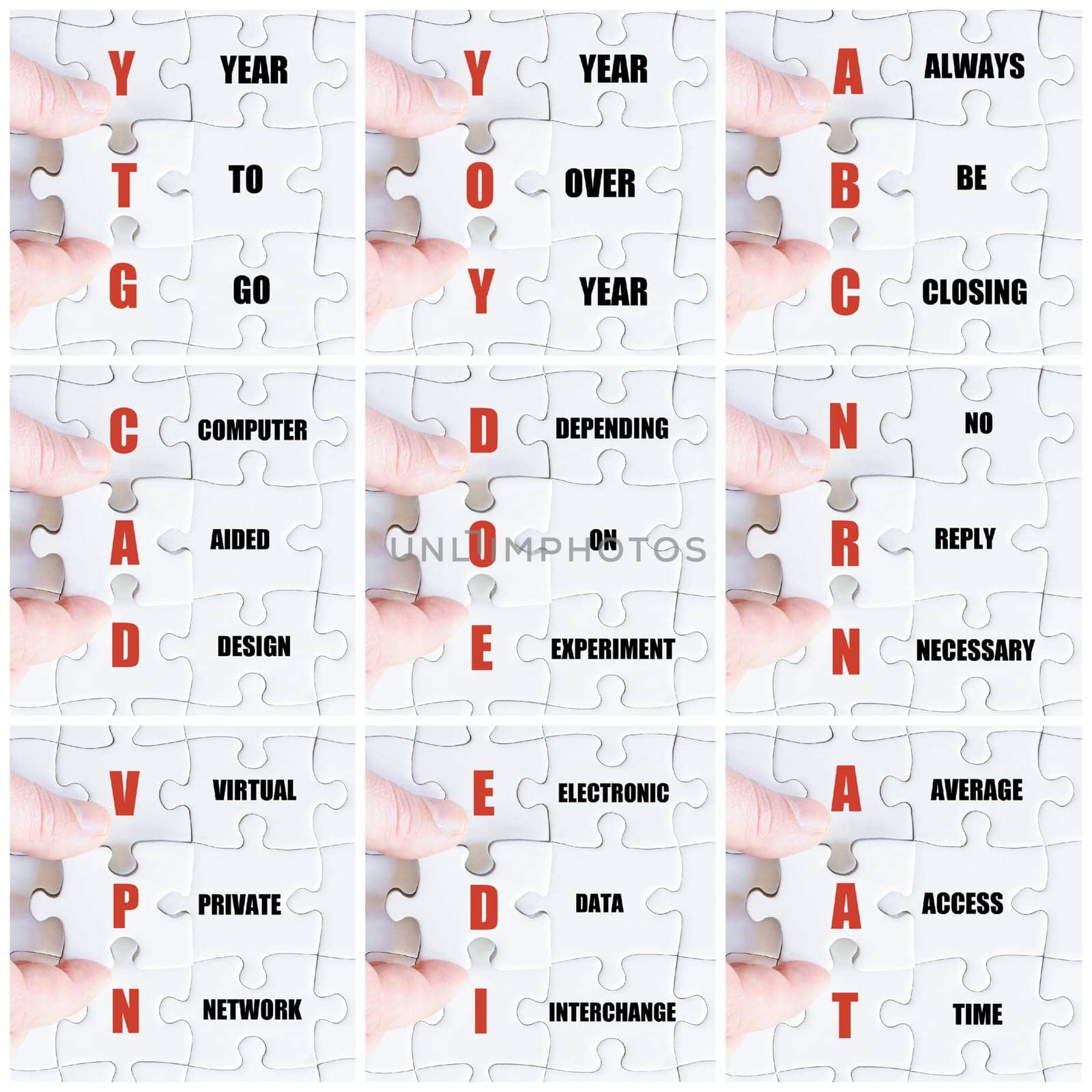 Photo collage with hand of business man completing the puzzle with the last missing piece