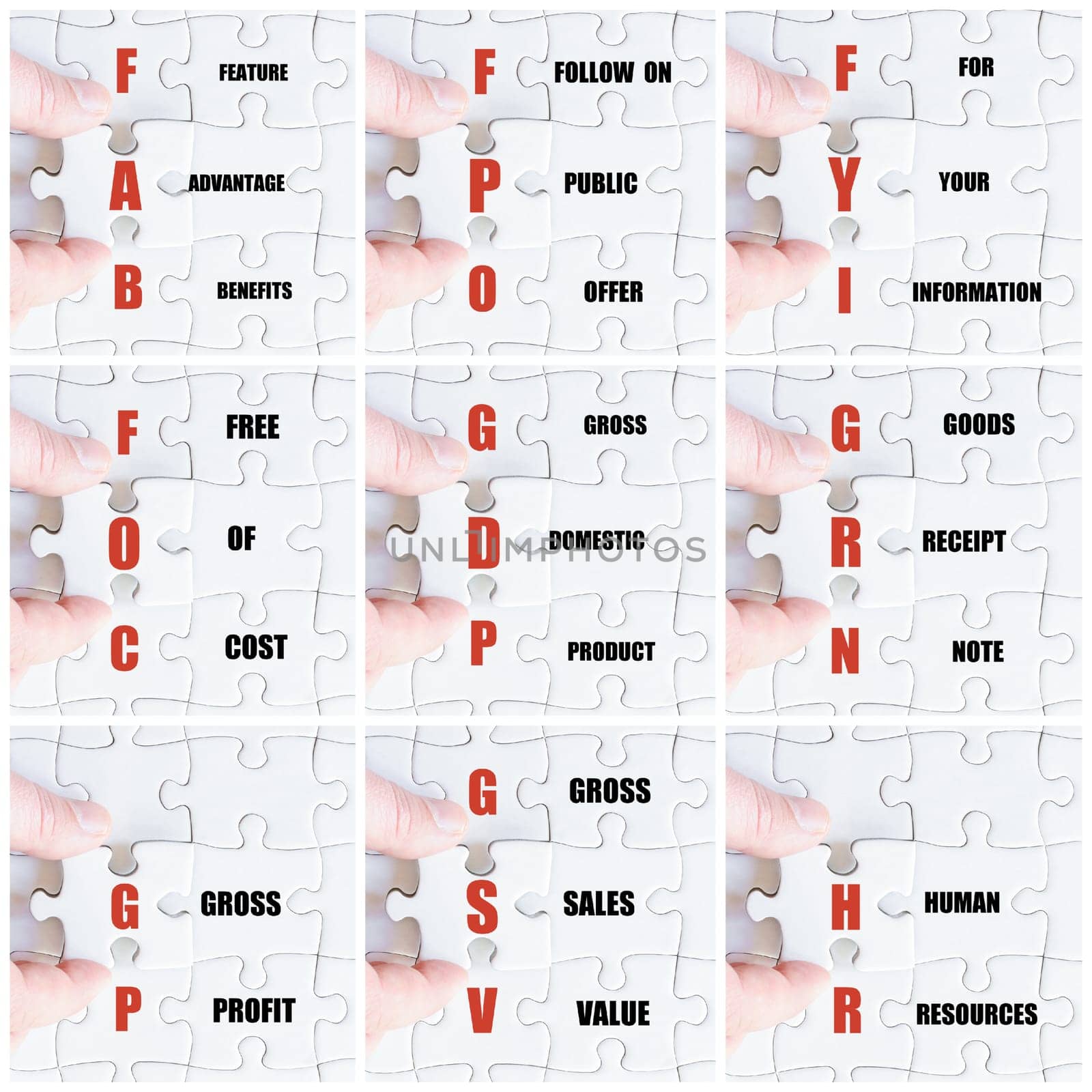 Photo collage with hand of business man completing the puzzle with the last missing piece