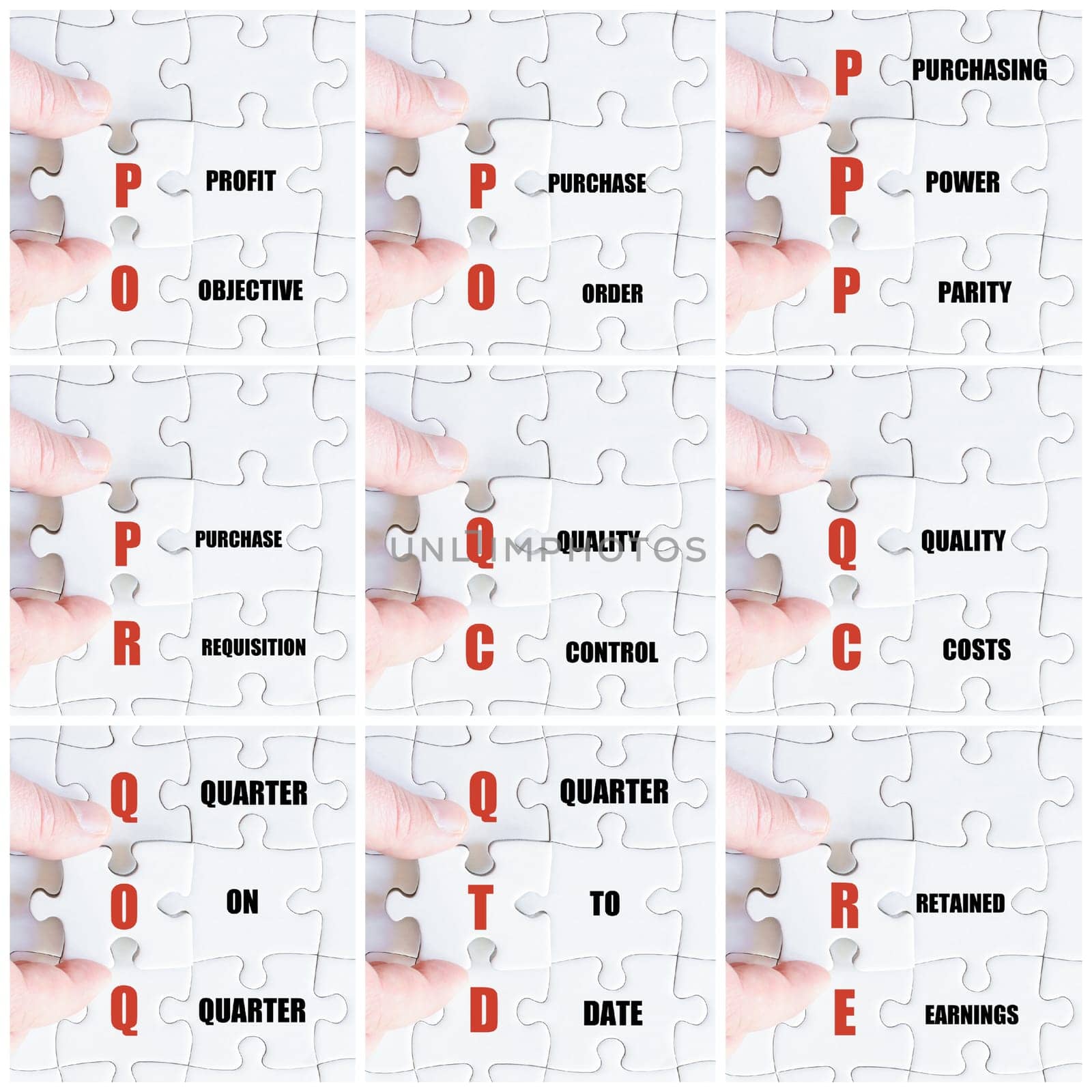 Photo collage with hand of business man completing the puzzle with the last missing piece