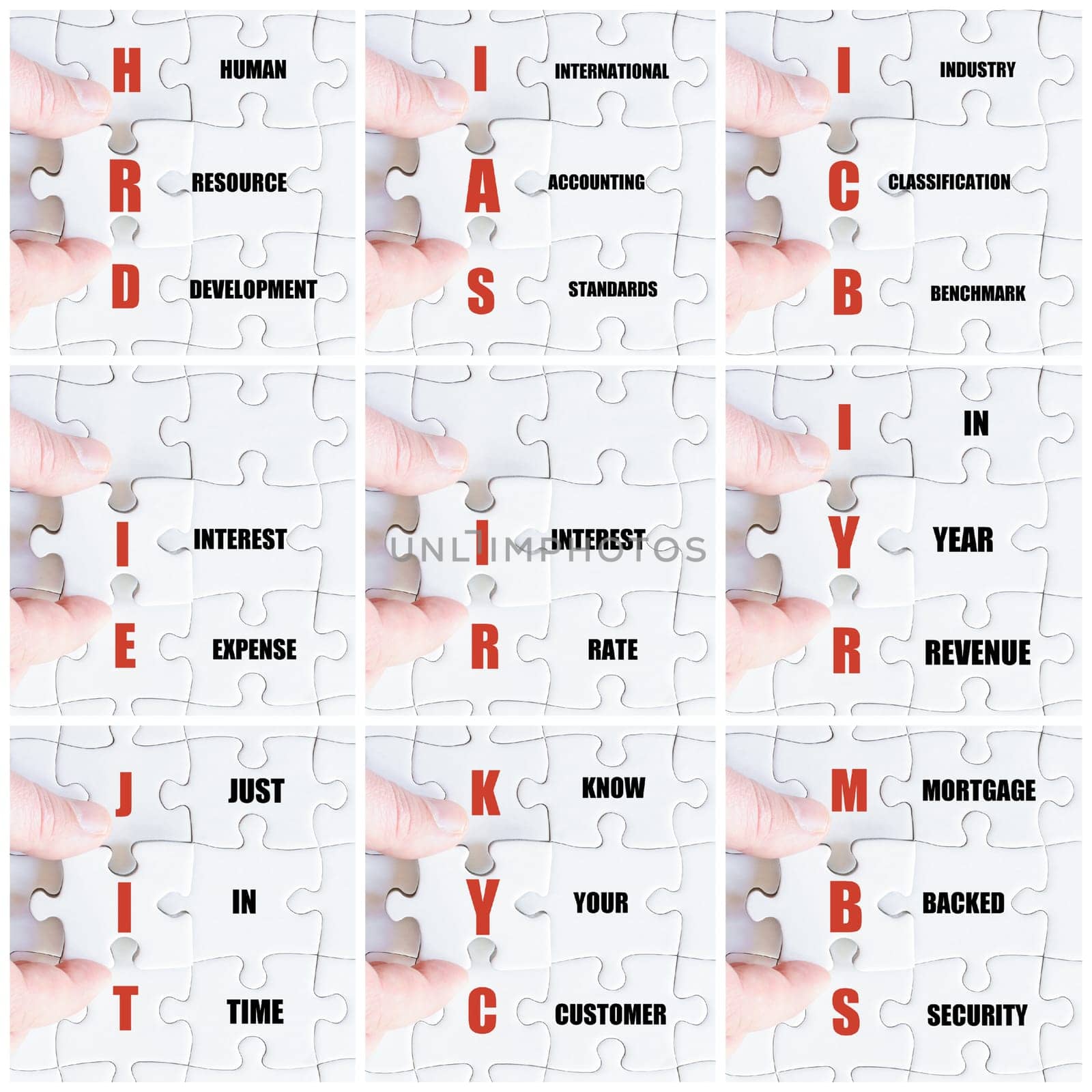 Photo collage with hand of business man completing the puzzle with the last missing piece