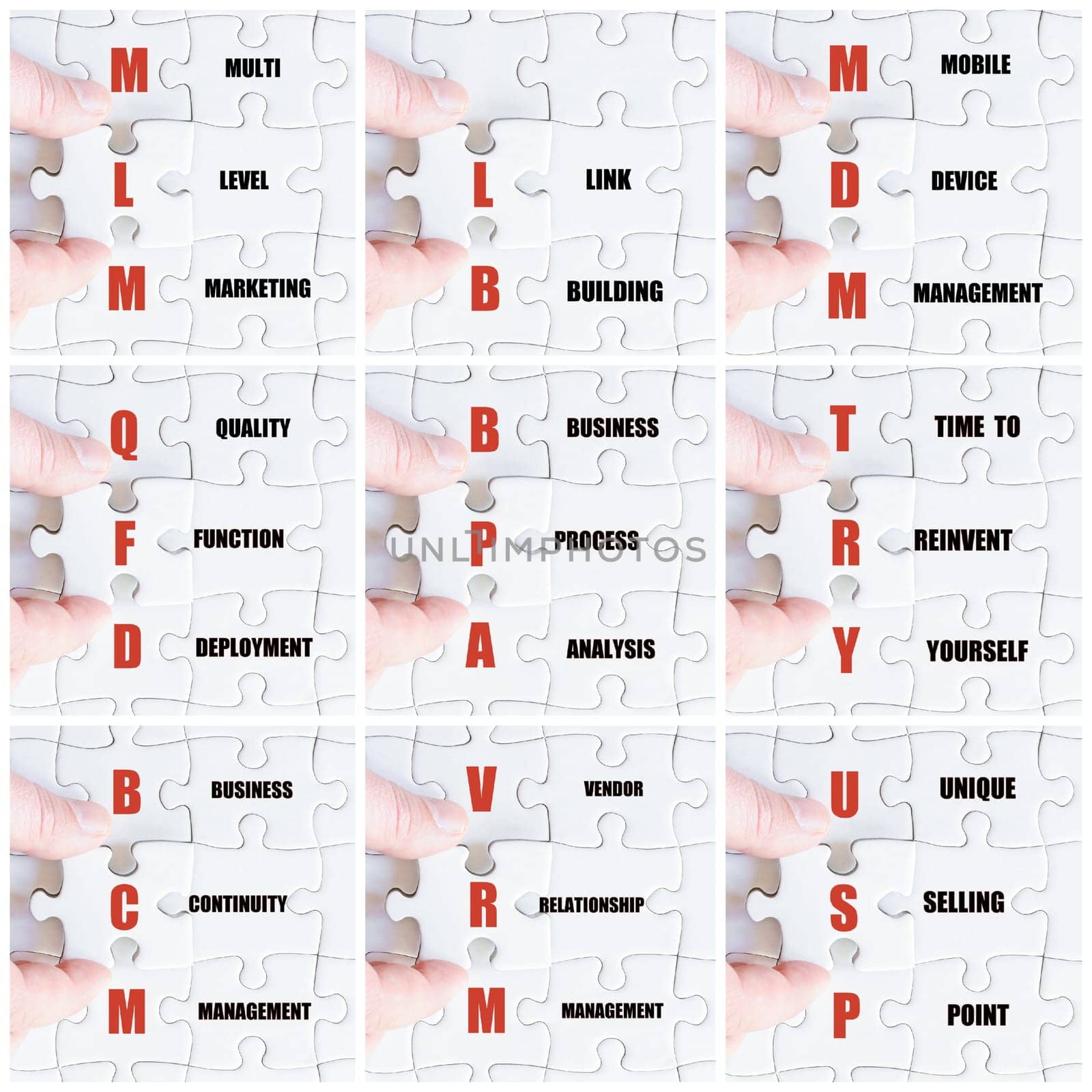 Photo collage with hand of business man completing the puzzle with the last missing piece