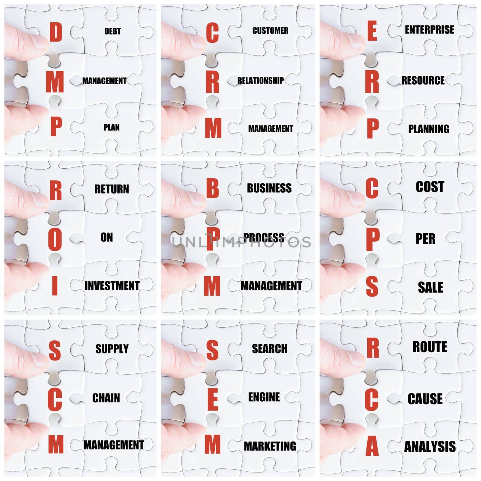Photo collage with hand of business man completing the puzzle with the last missing piece