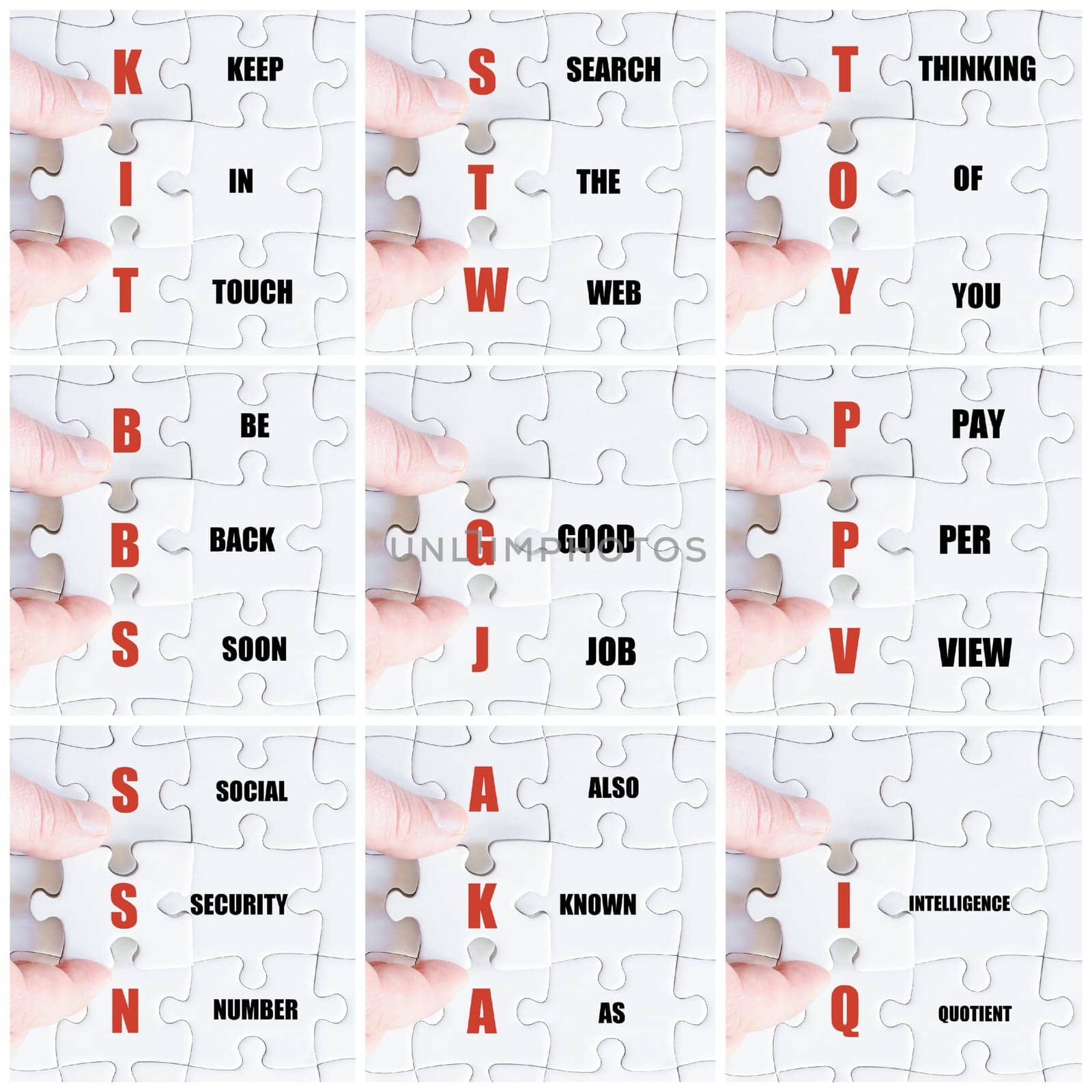 Photo collage with hand of business man completing the puzzle with the last missing piece