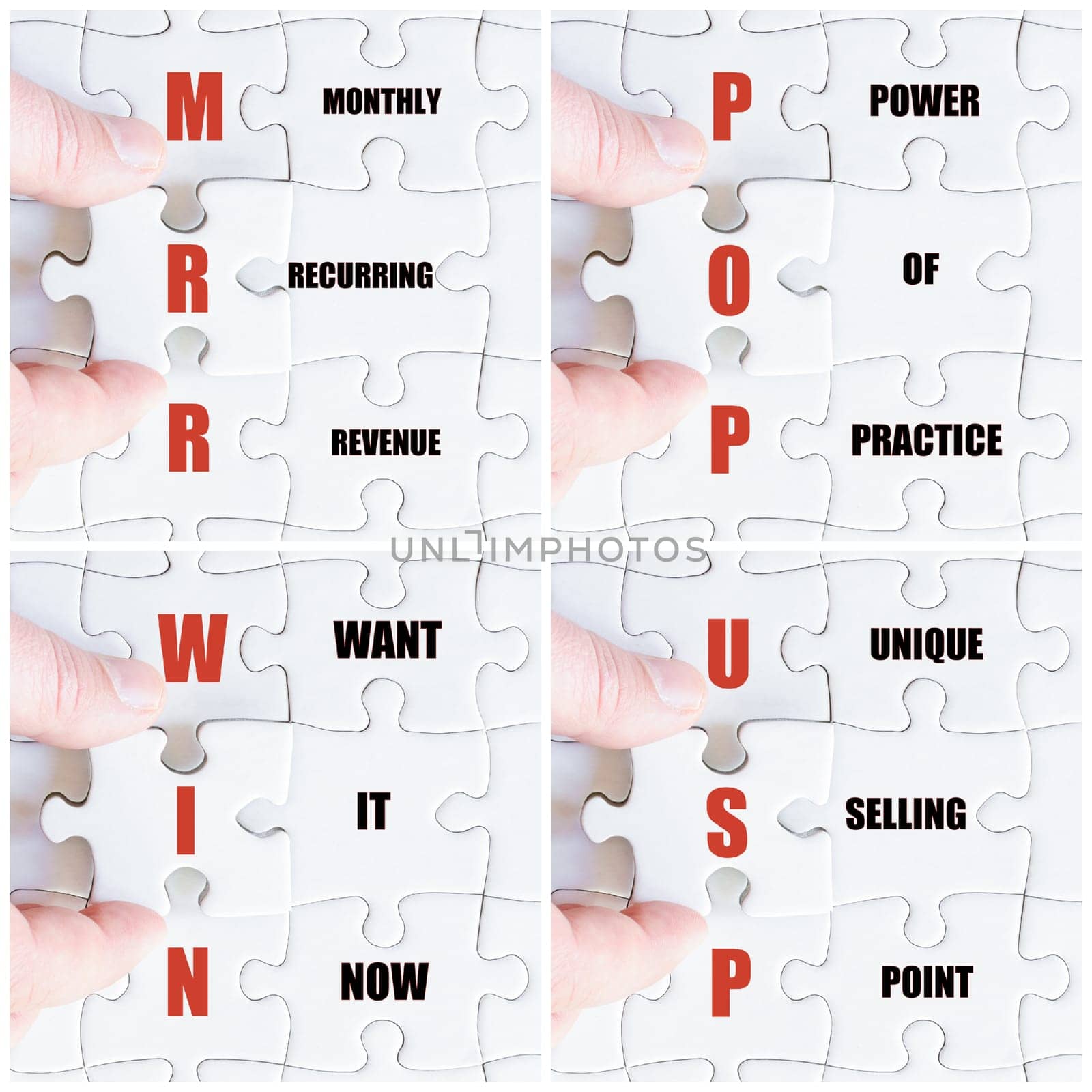 Photo collage with hand of business man completing the puzzle with the last missing piece