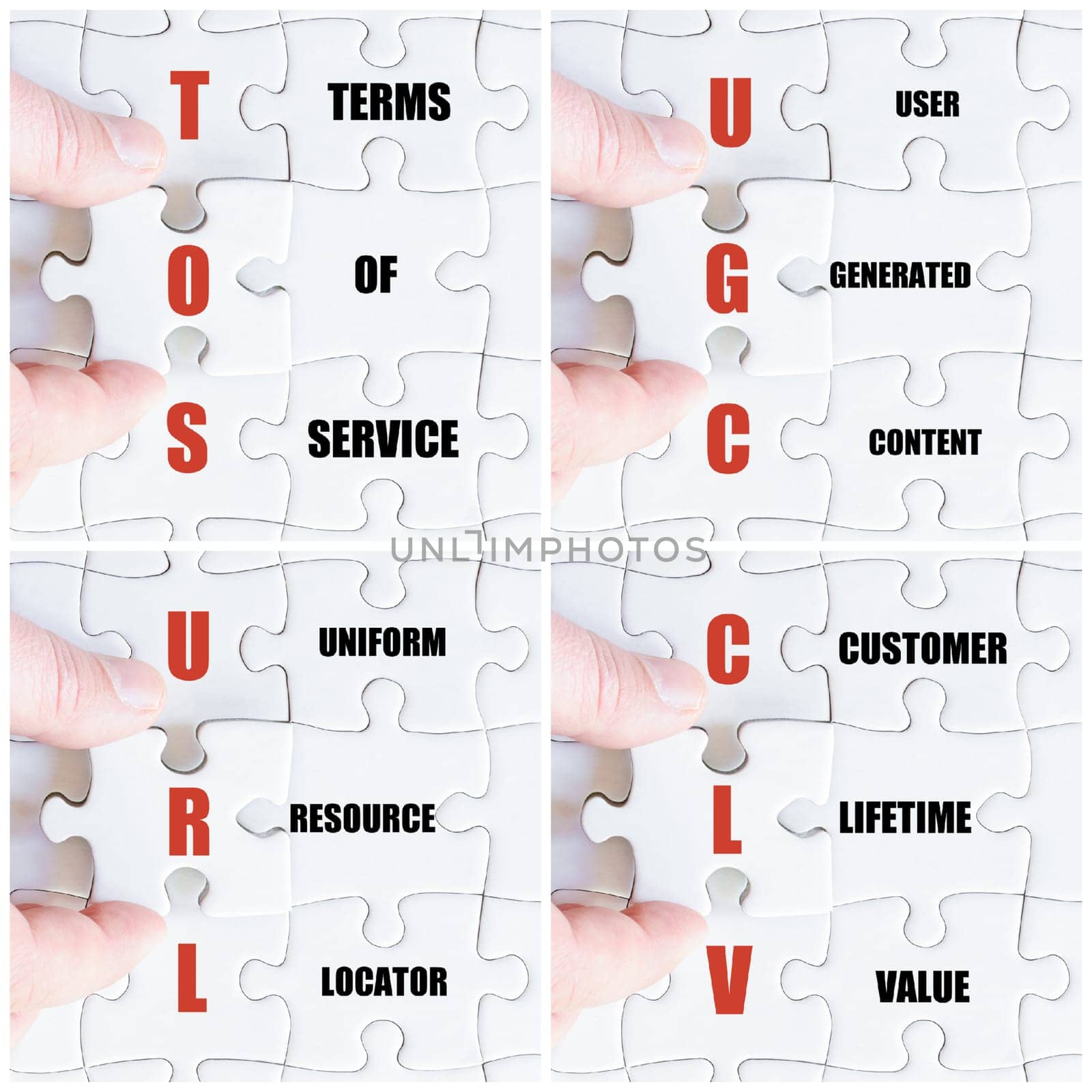 Photo collage with hand of business man completing the puzzle with the last missing piece