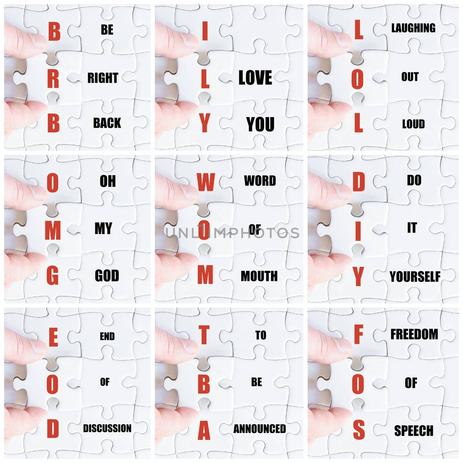 Photo collage with hand of business man completing the puzzle with the last missing piece