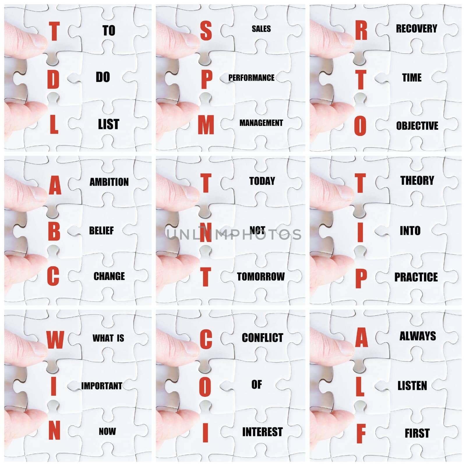 Photo collage with hand of business man completing the puzzle with the last missing piece