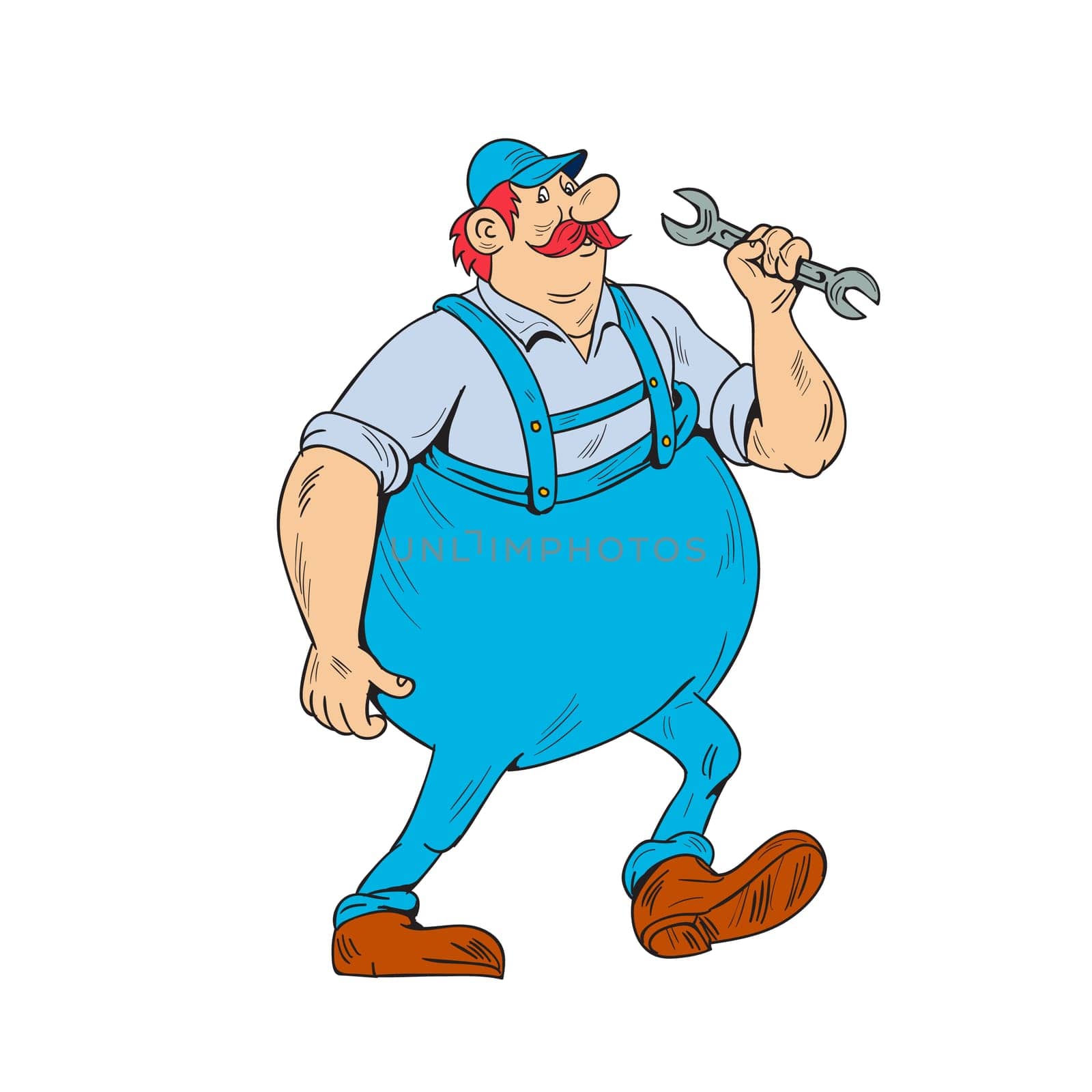 Illustration of a german repairman holding spanner marching viewed from front set on isolated white background done in cartoon style.