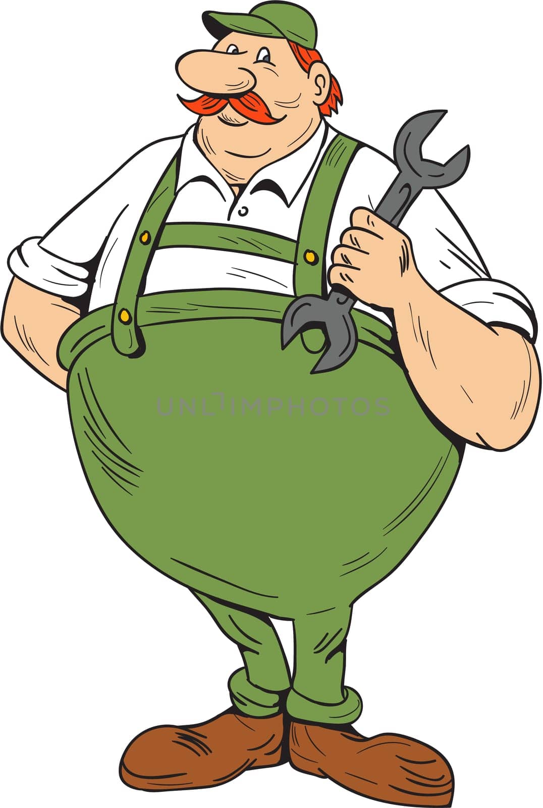 Illustration of a german repairman holding spanner standing viewed from front set on isolated white background done in cartoon style.