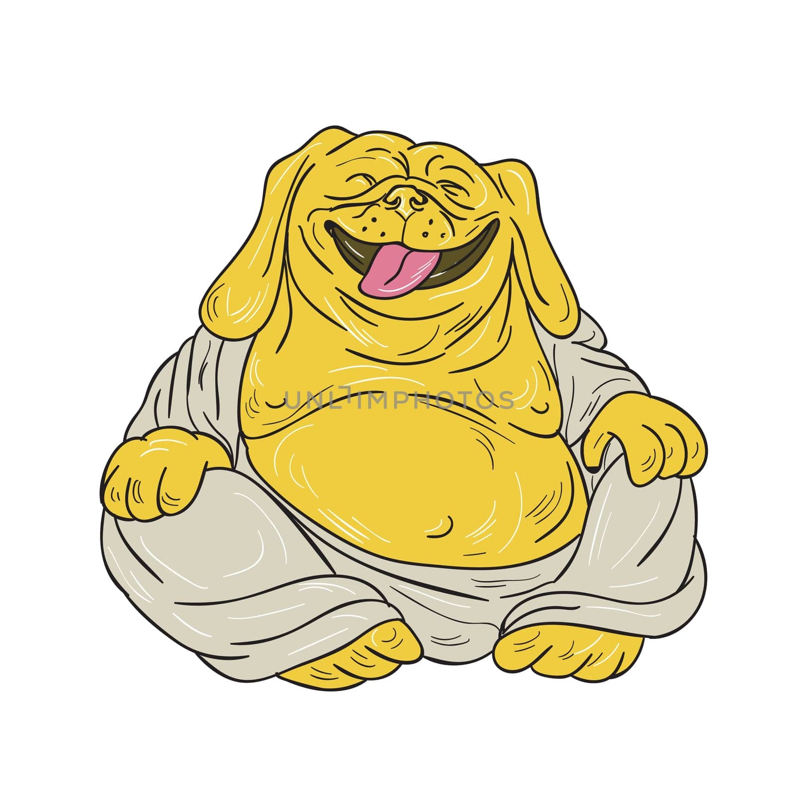 Illustration of a bulldog laughing buddha sitting viewed from front set on isolated white background done in cartoon style.