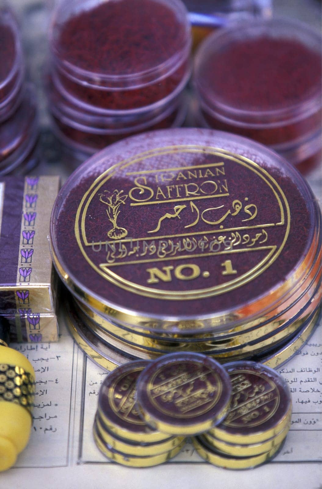 a zafron shop the souq or Market in the old town in the city of Dubai in the Arab Emirates in the Gulf of Arabia.