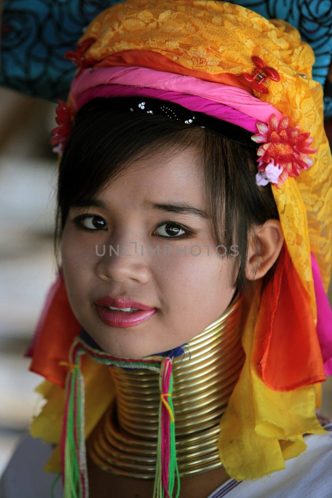 a traditional longneck women of the Paudang minority from Burma in a village north of chiang mai in the north of Thailand in Southeastasia. ...