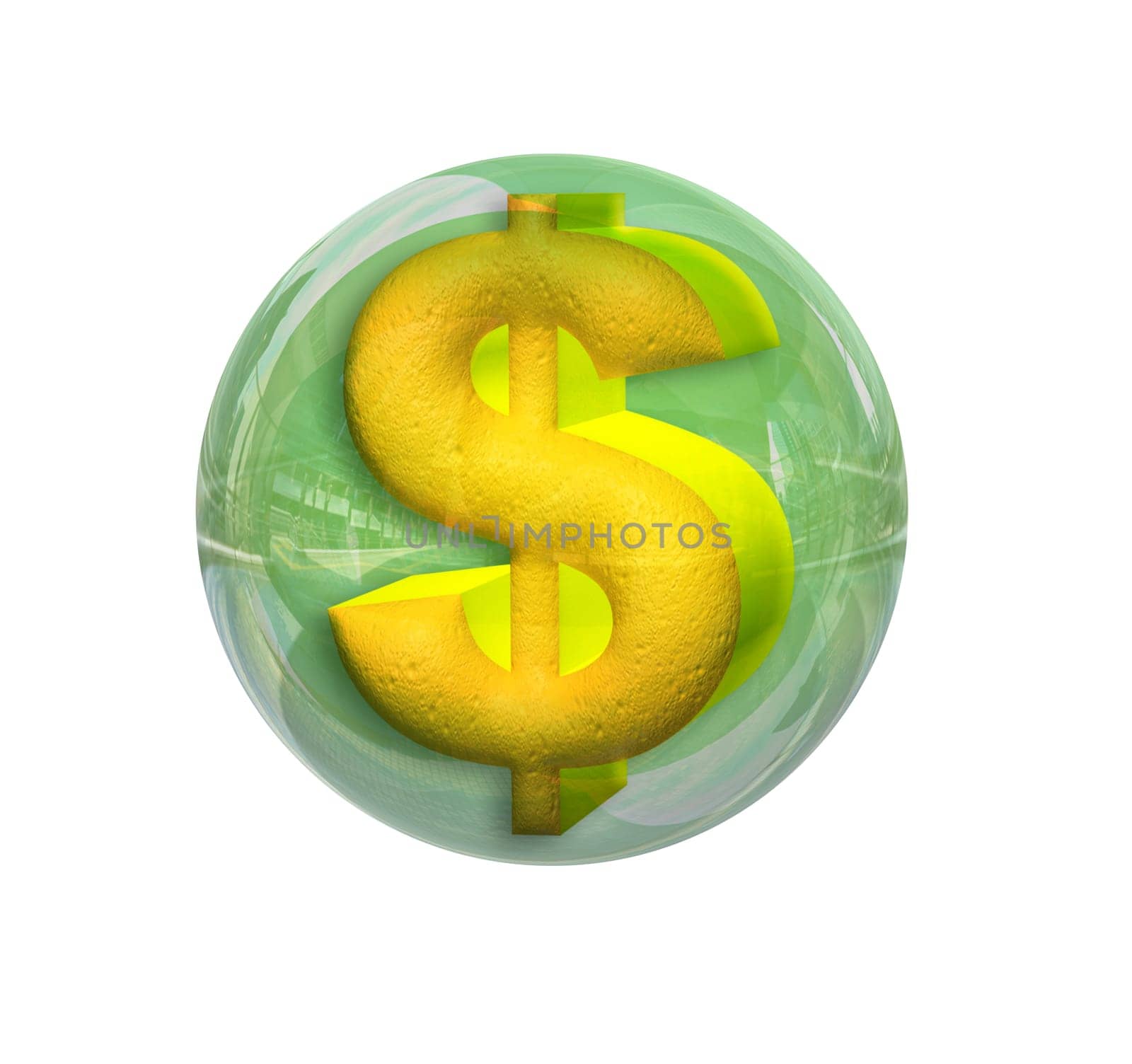 3d dollar raised in a sphere chrome color with green highlights