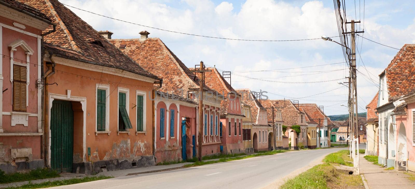 Street view of medieval Saxon village in Romania .In Transylvania region