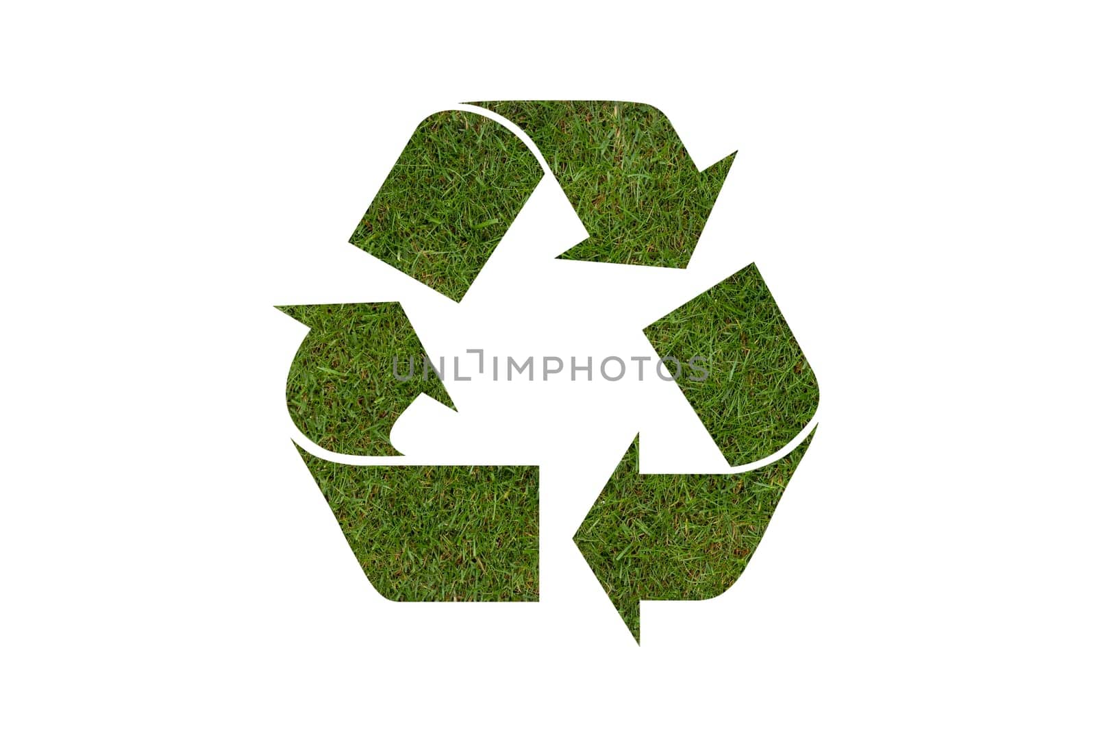 Recycle symbol with real grass texture, isolated on white background, clipping path included.Easy to replace content