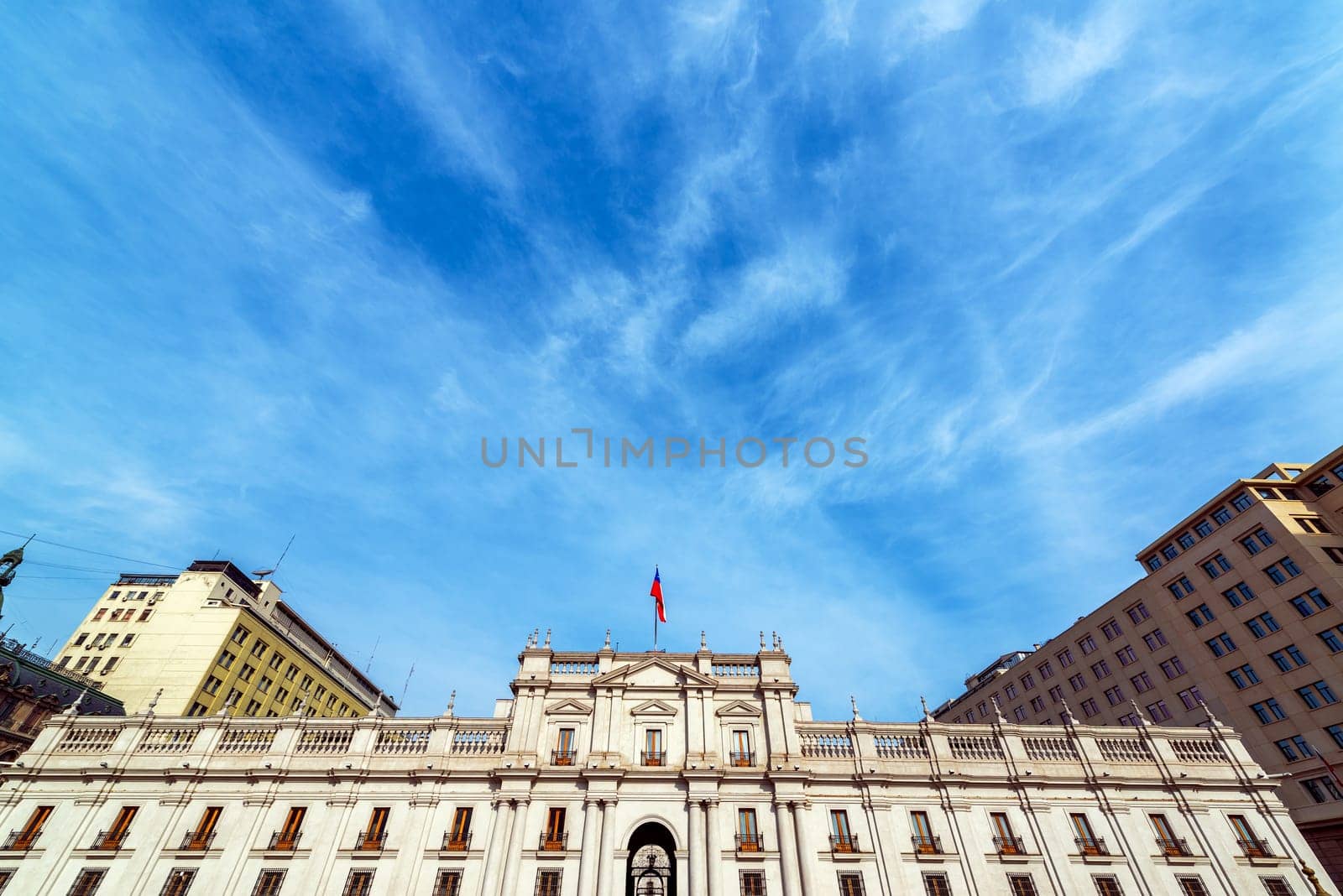 Wide angle view of La Moneda Palaca, the presidential palace, in Santiago, Chile