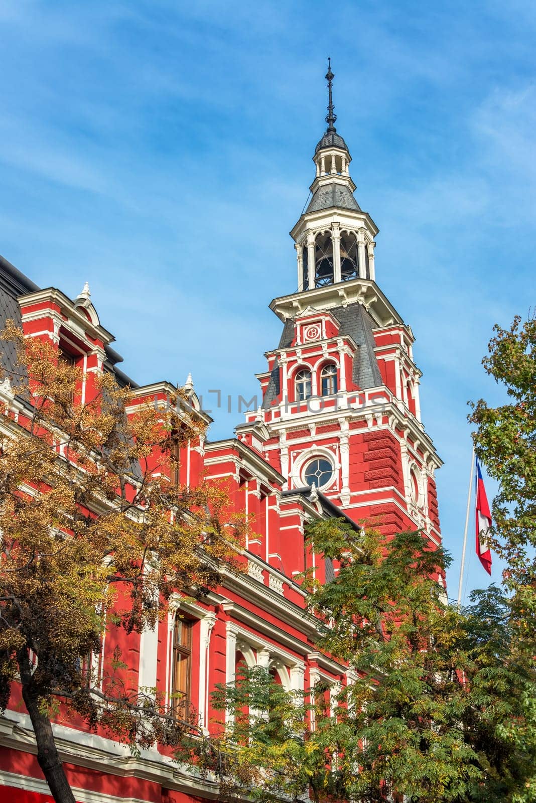 Historic red fire station in Santiago, Chile