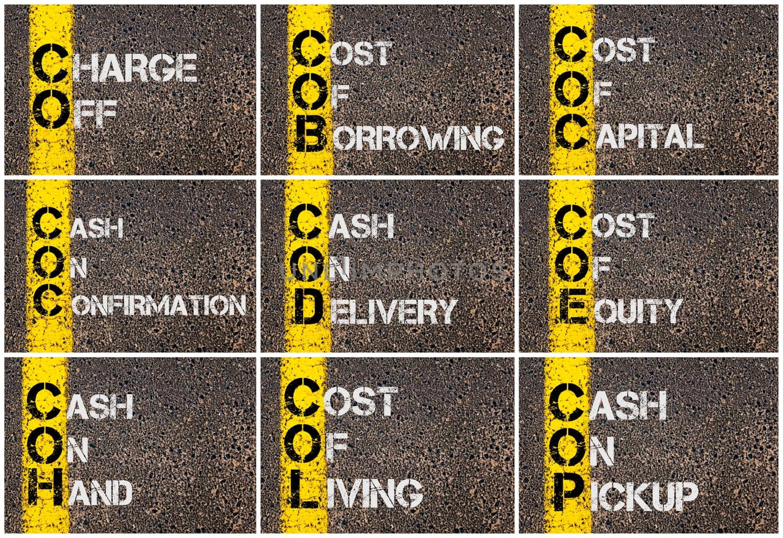 Photo collage of Business Acronyms written over road marking yellow paint line