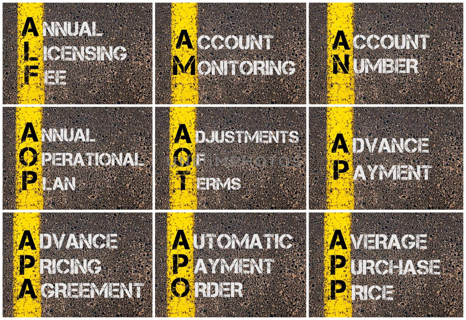 Photo collage of Business Acronyms written over road marking yellow paint line