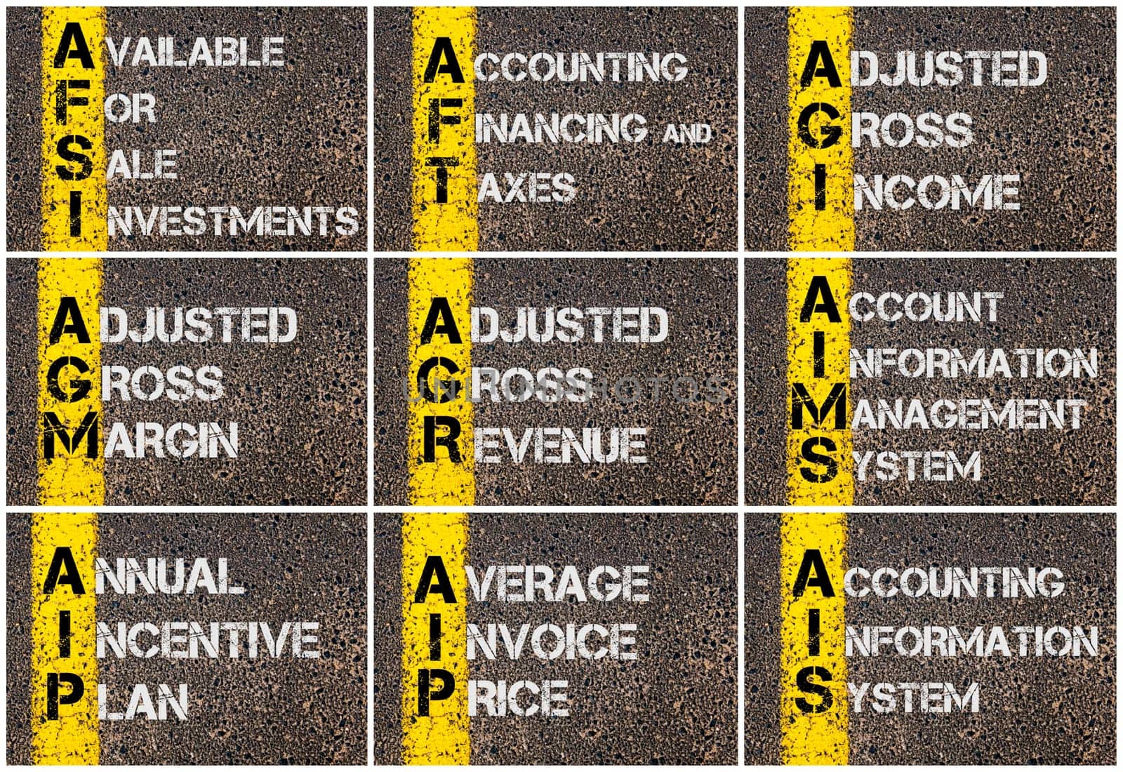 Photo collage of Business Acronyms written over road marking yellow paint line