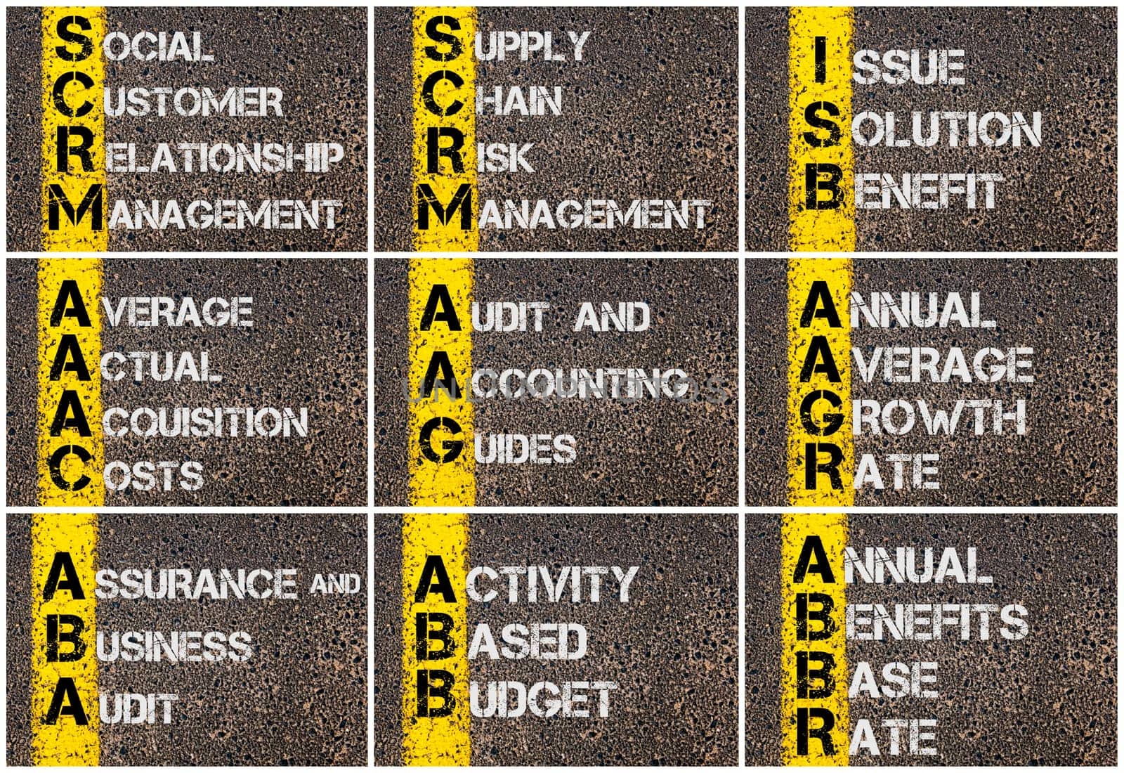 Photo collage of Business Acronyms written over road marking yellow paint line