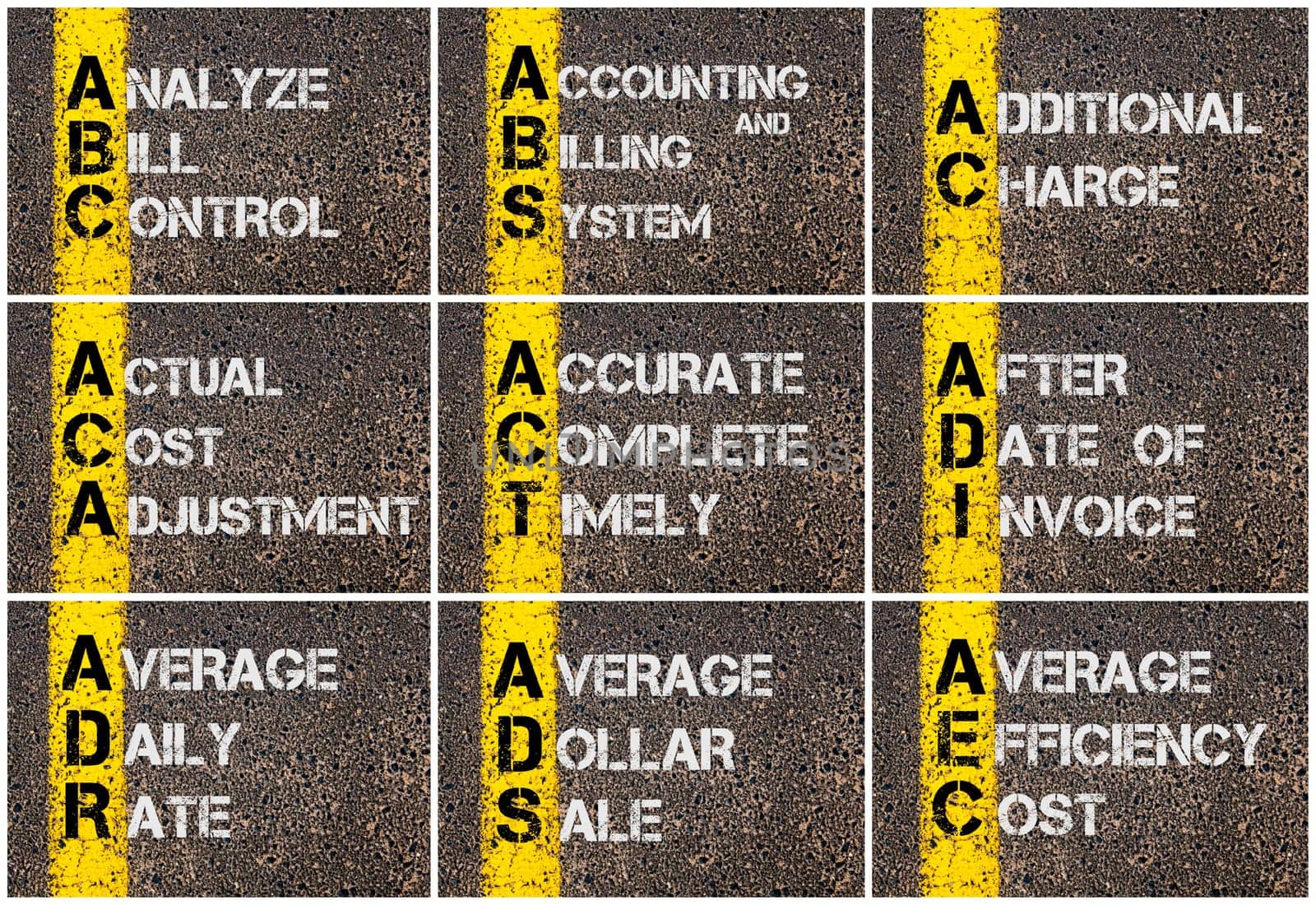 Photo collage of Business Acronyms written over road marking yellow paint line