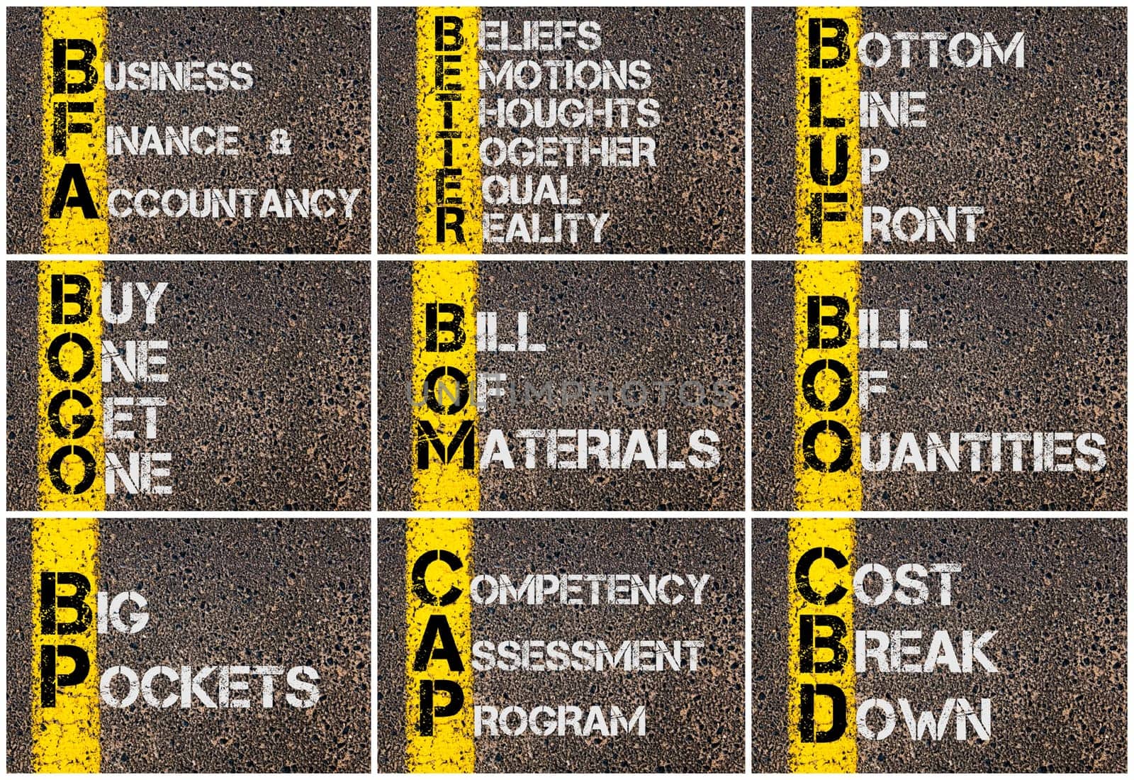 Photo collage of Business Acronyms written over road marking yellow paint line