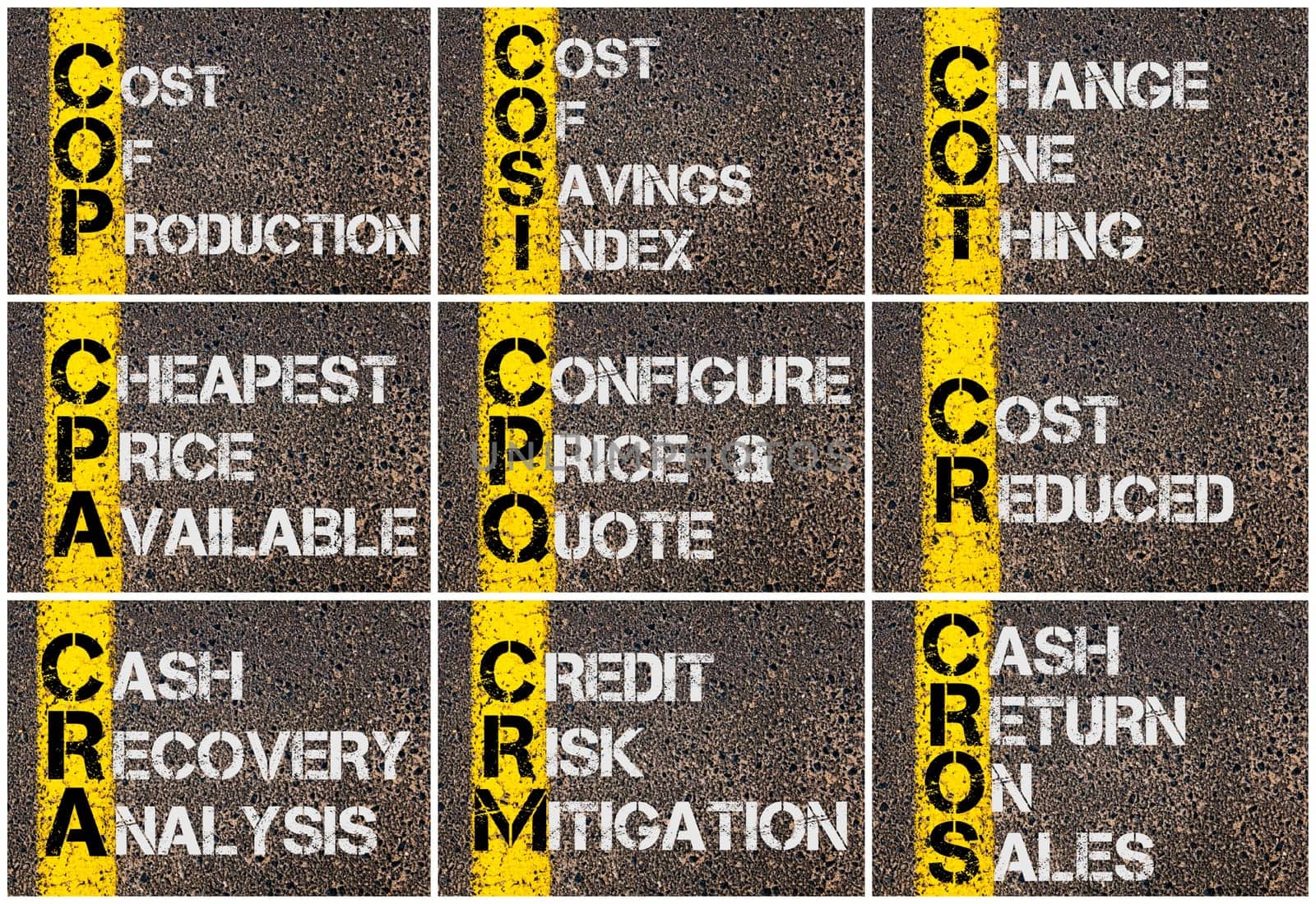 Photo collage of Business Acronyms written over road marking yellow paint line