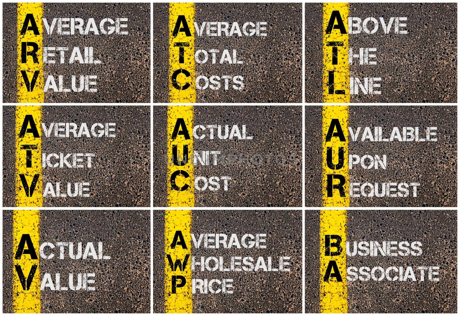 Photo collage of Business Acronyms written over road marking yellow paint line