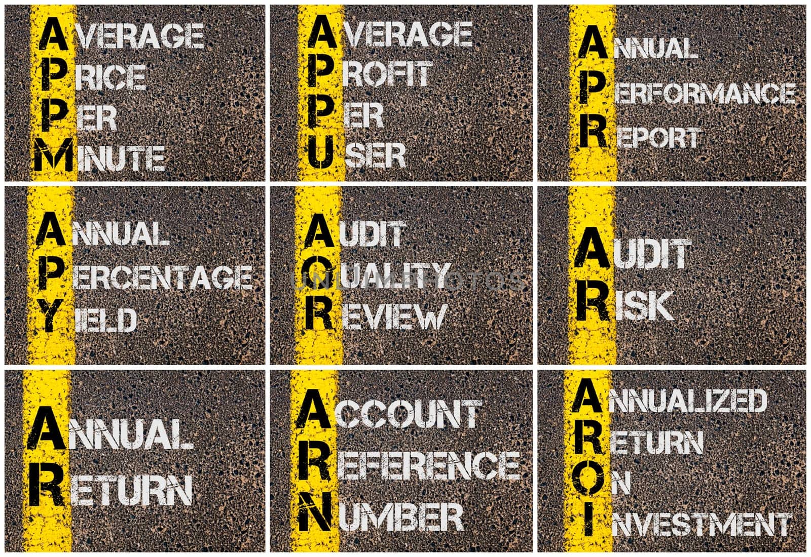 Photo collage of Business Acronyms written over road marking yellow paint line