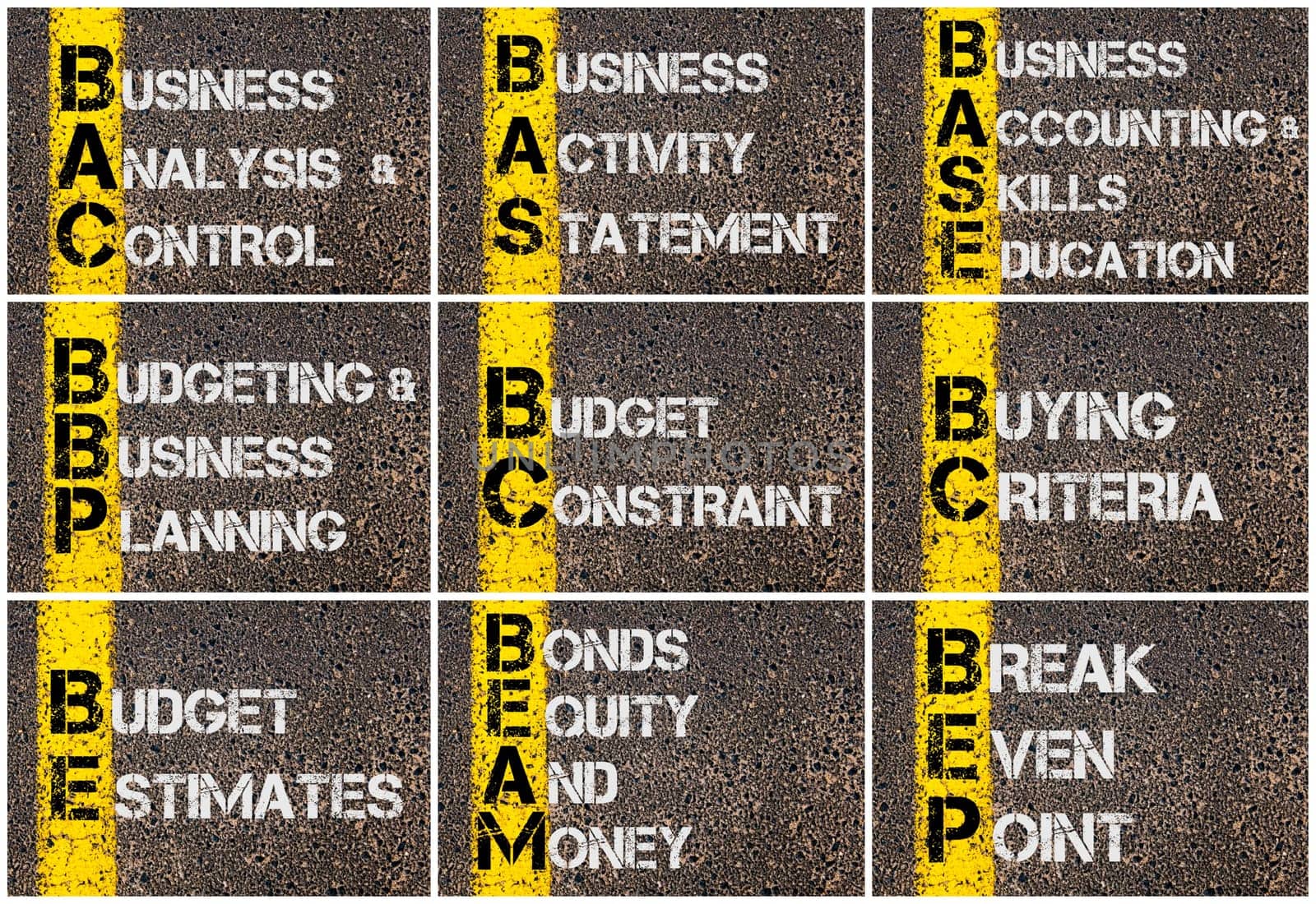 Photo collage of Business Acronyms written over road marking yellow paint line