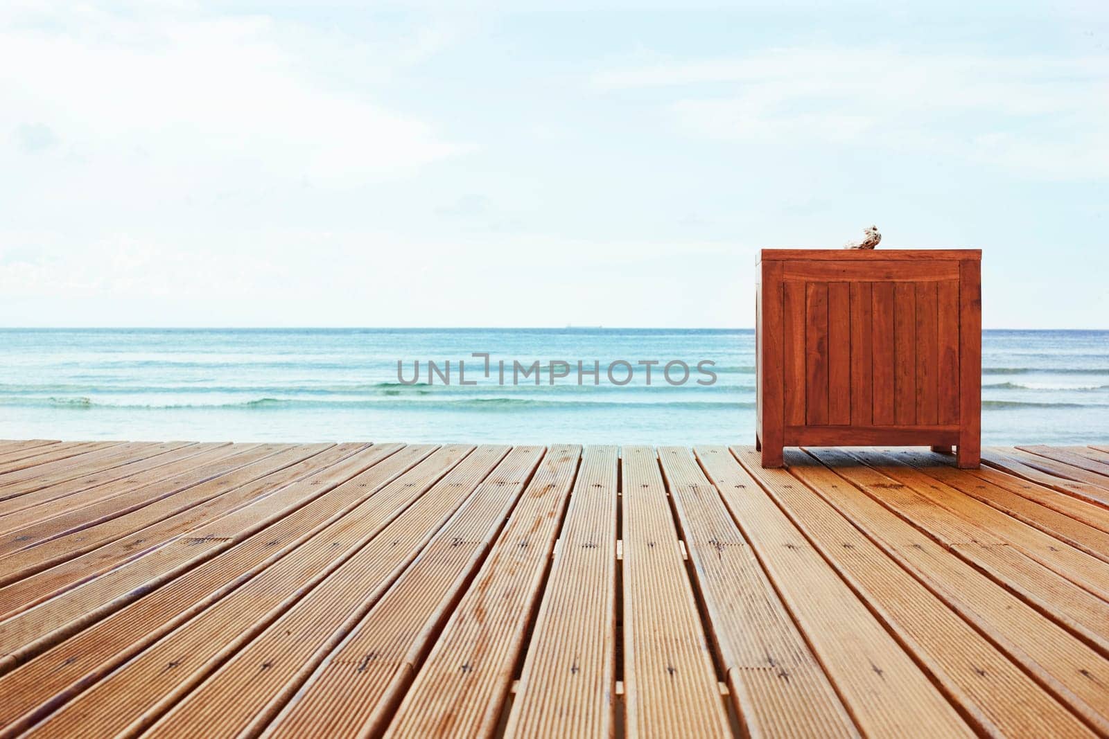 wood platform with table. Copy space.
