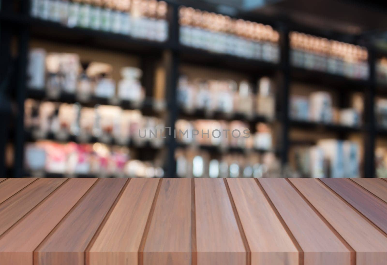 Perspective luxury brown wooden with blurred coffee shop background. product display template