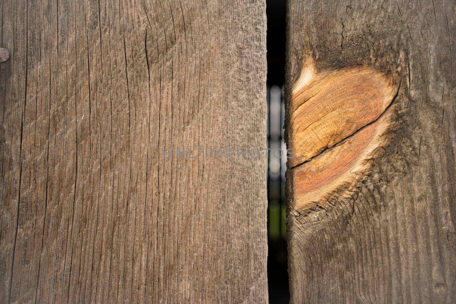 Looking thru a crack in the wood plank barn wall with a big knot