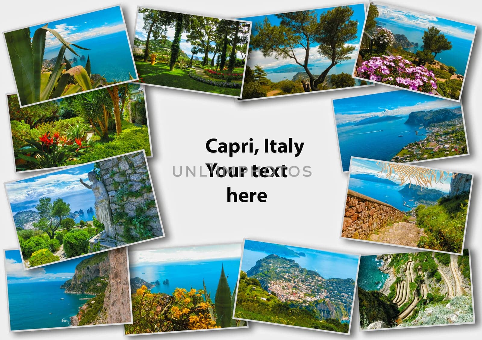 Collage from views of Capri, beautiful and famous island in the Mediterranean Sea Coast, Naples. Italy.