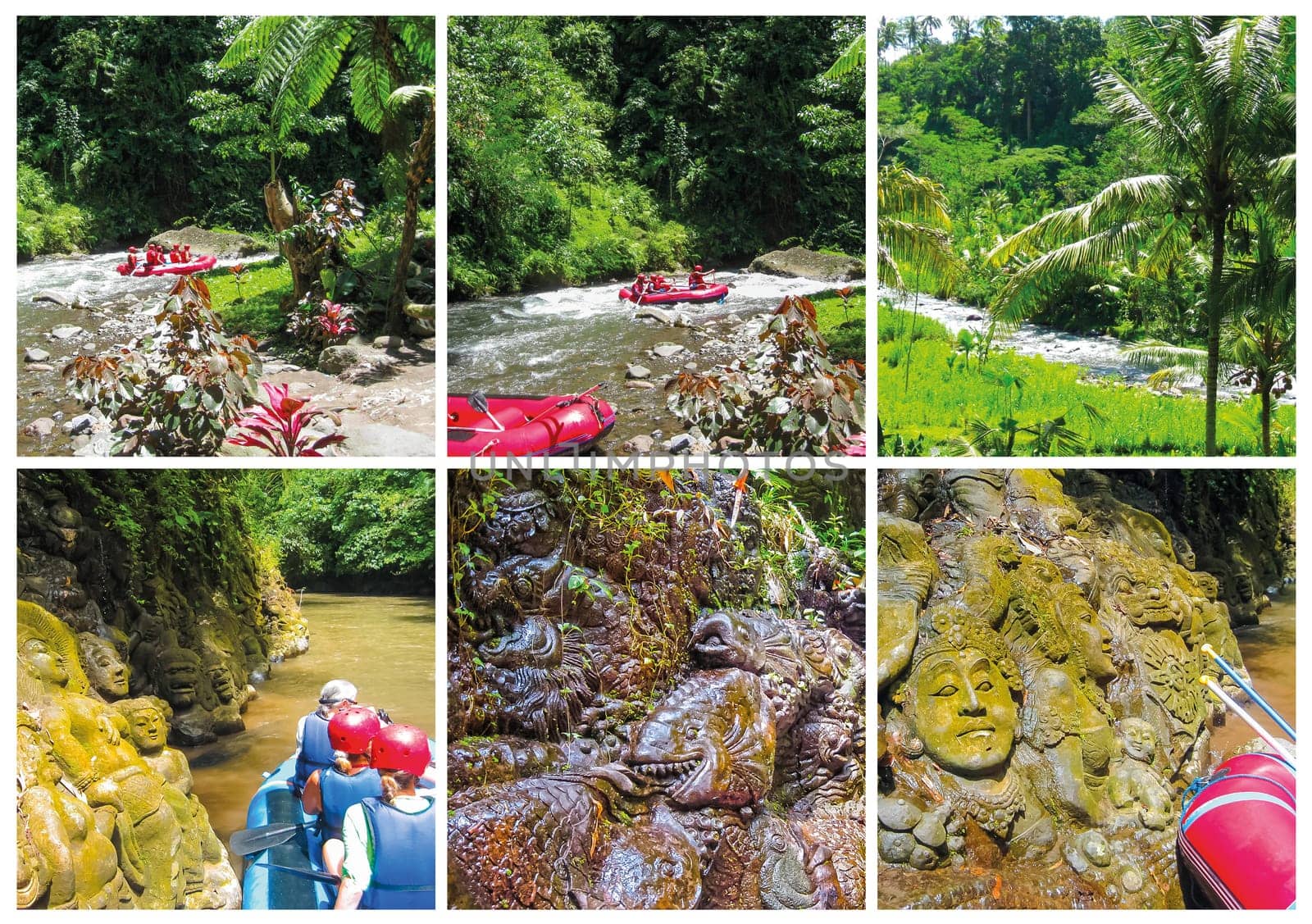 Rafting in the canyon on Balis mountain river at Indonesia. Collage