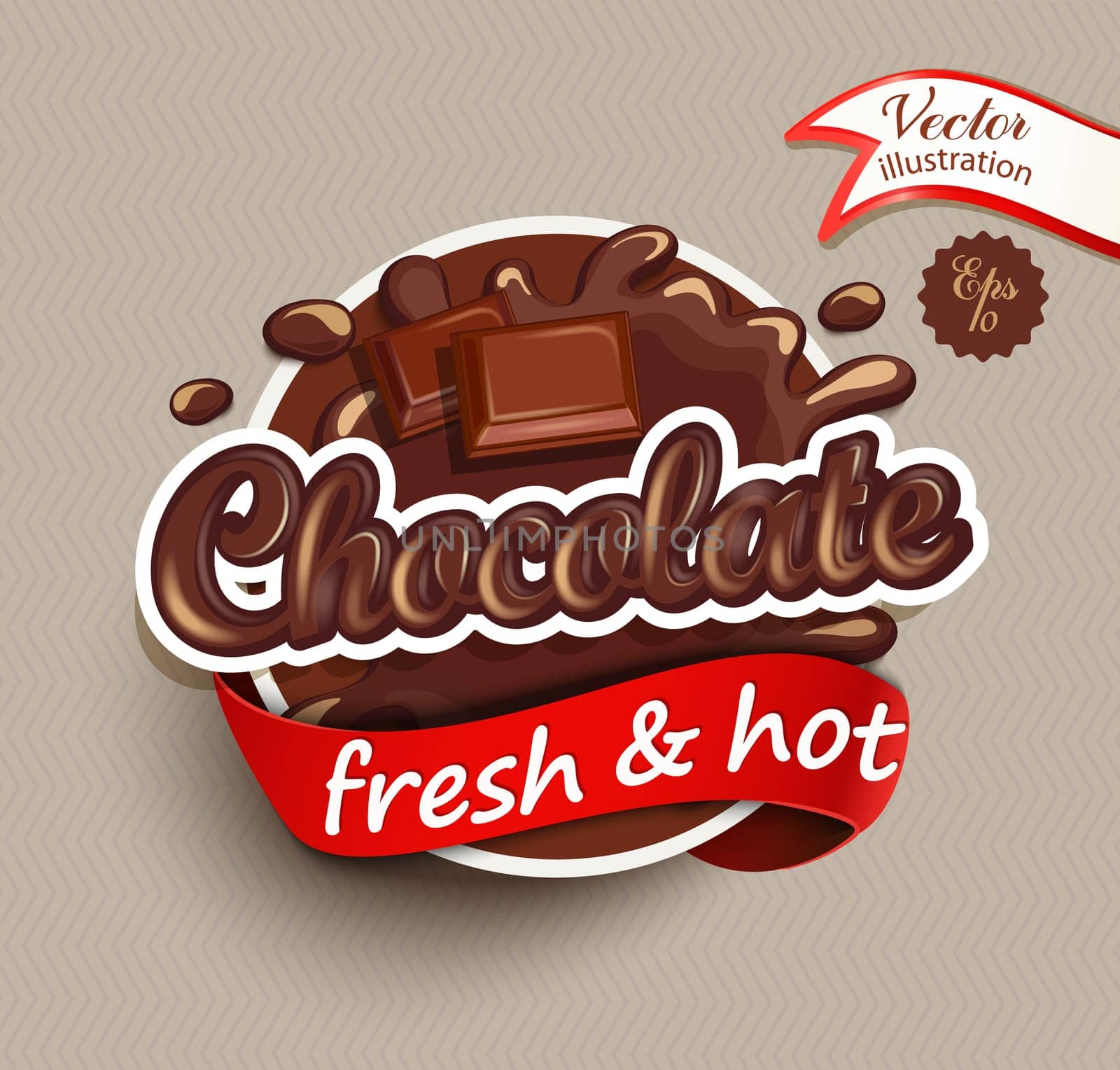 Vector illustration label of chocolate drops and blot with lettering . Sweet and stain and shape.