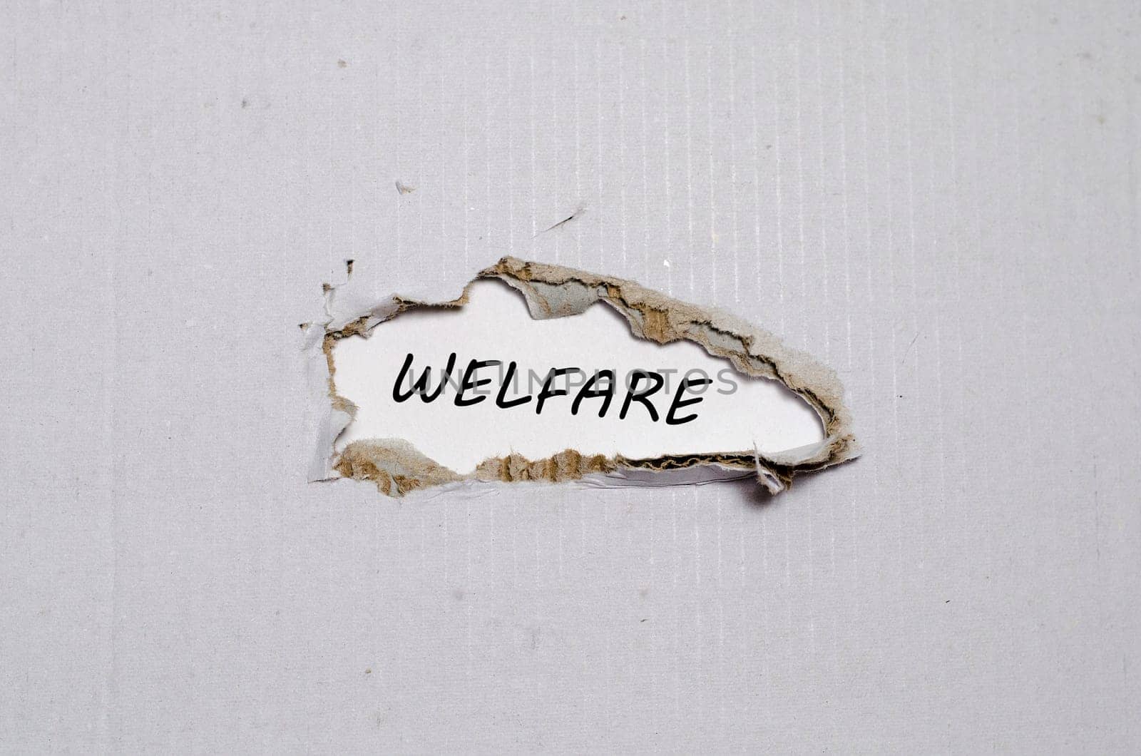 The word welfare appearing behind torn paper