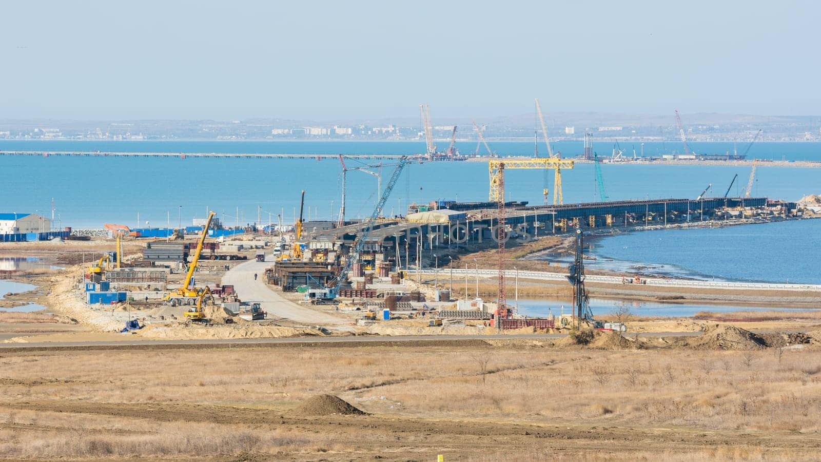 Taman, Russia - November 5, 2016: Construction of a bridge across the Kerch Strait, the views of the coastline from the Taman Peninsula, as of November 2016