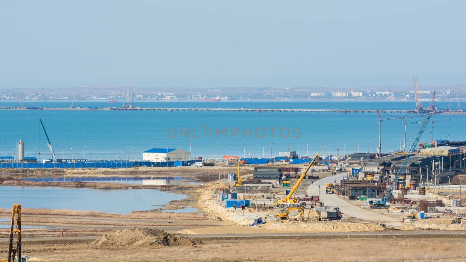 Taman, Russia - November 5, 2016: Construction of a bridge across the Kerch Strait, in view of the construction of the coastline from the Taman Peninsula, as of November 2016
